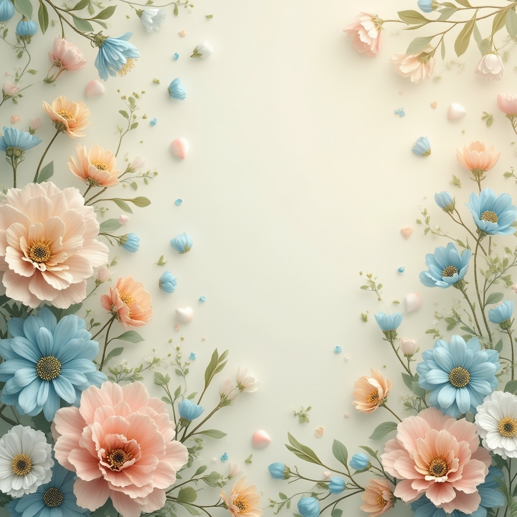 Prompt: Vibrant floral patterns, soft pastel hues, warm beige tones, calming blue shades, gentle greenery, elegant gold accents, creamy white textures, natural wood elements, subtle gradient transitions, harmonious color balance, soothing ambiance, peaceful atmosphere, 1/1 composition, shallow depth of field, soft focus effect.