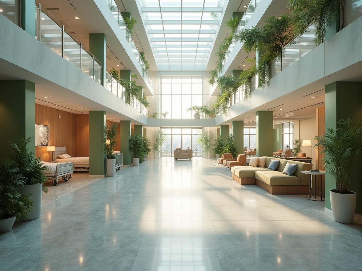 Prompt: Spacious hospital lobby, high ceilings, clerestory windows, natural stone flooring, green walls, abundant plants, warm wood accents, minimalist decor, soft diffused lighting, indirect sunlight, 1/1 composition, shallow depth of field, realistic textures, ambient occlusion; patient rooms with large windows, city views, gentle morning light, soft pastel colors, comfortable furnishings, subtle patterns, calming ambiance; operating rooms with high-intensity LED lights, sleek metal equipment, sterile environments, precise lighting controls, futuristic design.