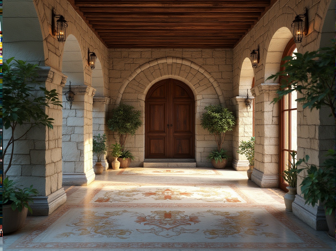 Prompt: Rustic stone walls, smooth wooden accents, rough-hewn granite columns, polished metal fixtures, velvety green roofs, intricate mosaic patterns, glossy marble floors, matte concrete surfaces, vibrant colorful textiles, ambient soft lighting, shallow depth of field, 3/4 composition, realistic textures, ambient occlusion.