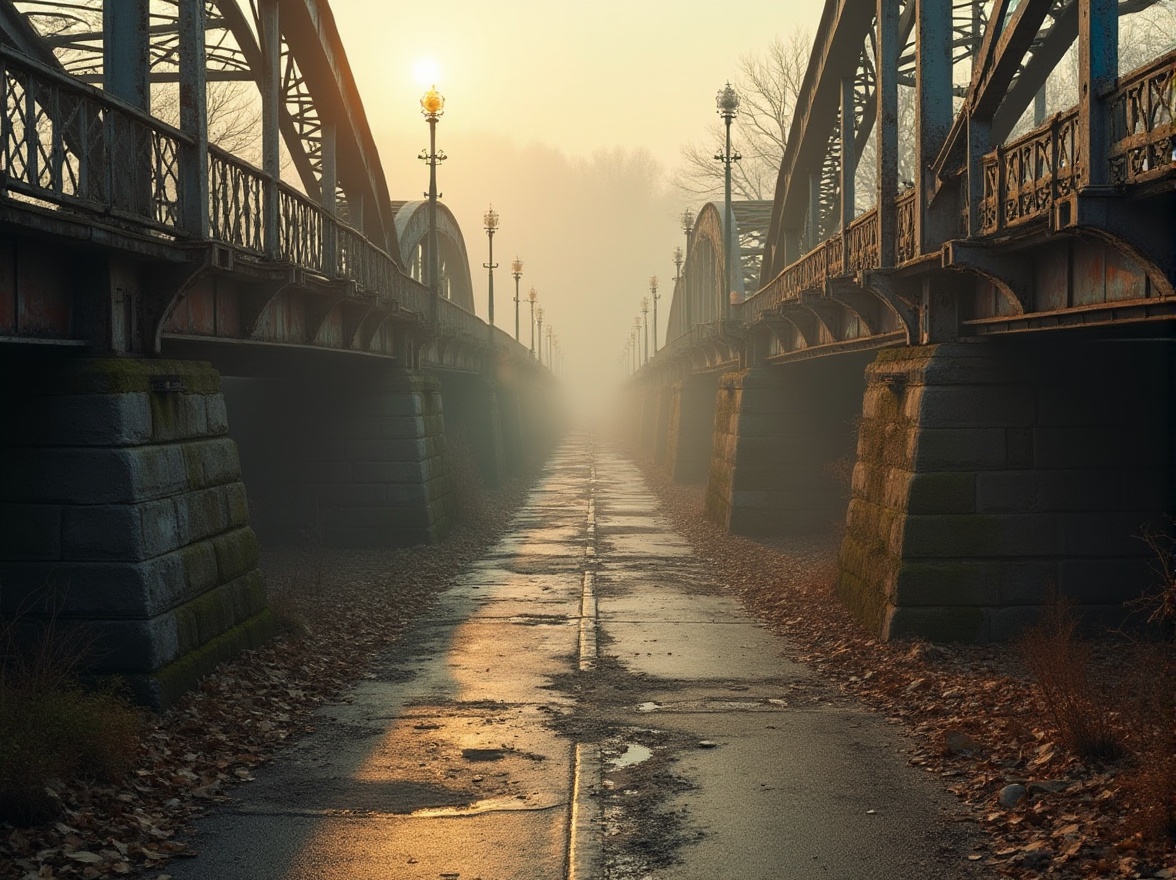 Prompt: Rustic vehicular bridges, steel arches, worn stone piers, moss-covered abutments, vintage lampposts, intricate metalwork, ornate railings, weathered wooden planks, distressed paint finishes, nostalgic road signs, misty morning atmosphere, soft golden lighting, shallow depth of field, 2/3 composition, symmetrical framing, realistic textures, ambient occlusion.