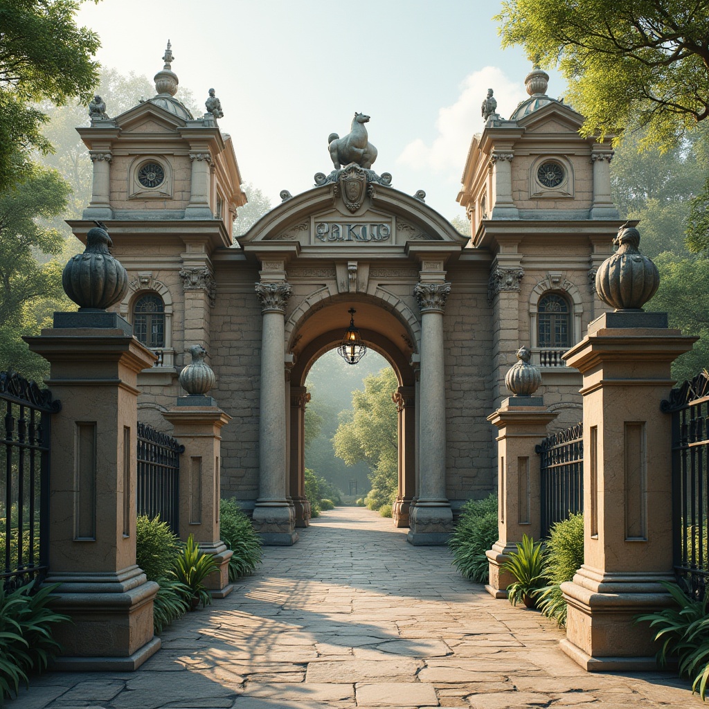 Prompt: Grand zoo entrance, ornate stone columns, intricately carved archways, lush greenery, vintage street lamps, majestic animal sculptures, rustic brick walls, classical pediments, symmetrical fa\u00e7ade design, subtle color palette, natural stone textures, subtle shading, soft warm lighting, 1/1 composition, realistic render, ambient occlusion.