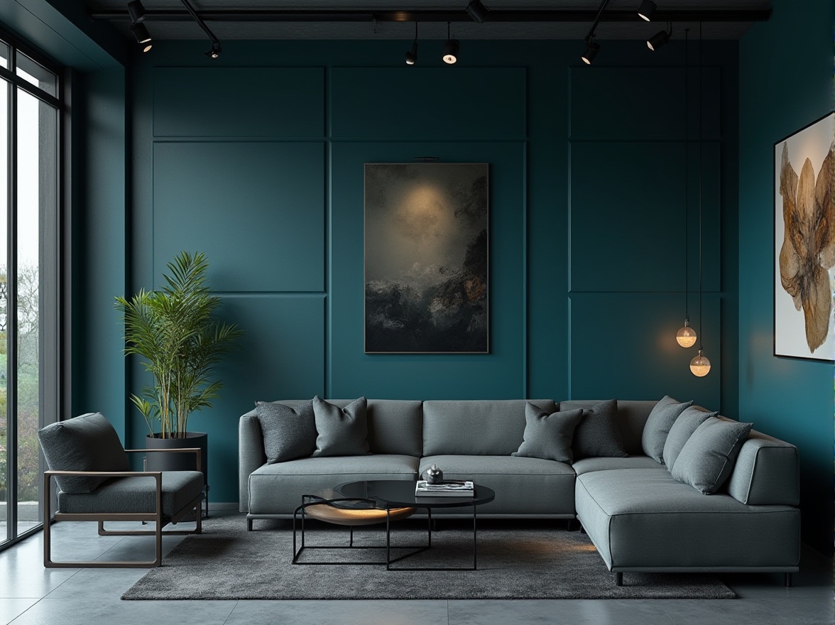 Prompt: Dark cyan walls, modern minimalist decor, sleek metal accents, glass surfaces, abstract artwork, dimmable LED lighting, comfortable grey sofas, polished concrete floors, industrial-chic coffee tables, moody atmospheric ambiance, shallow depth of field, 1/1 composition, realistic textures, subtle ambient occlusion.