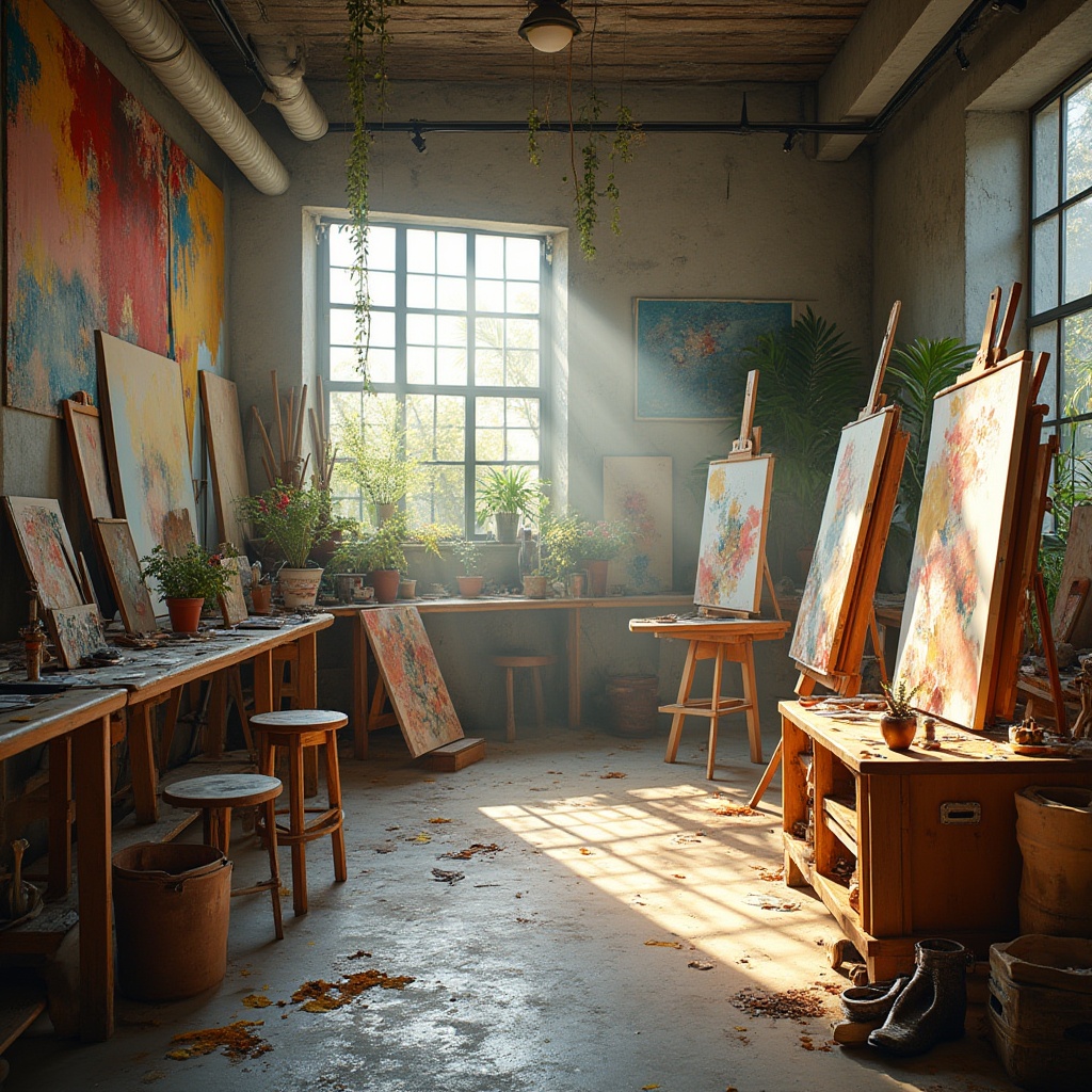 Prompt: Vibrant art studio, natural light pouring in, wooden easels, paint-splattered canvases, eclectic furniture, bold brushstrokes, rich textures, earthy tones, soothing pastels, metallic accents, industrial chic, modern artistic vibe, atmospheric mist, soft warm glow, shallow depth of field, 1/1 composition, intimate close-up shots, realistic color rendering, subtle gradient transitions.Please let me know if this meets your requirements or if you need any adjustments!