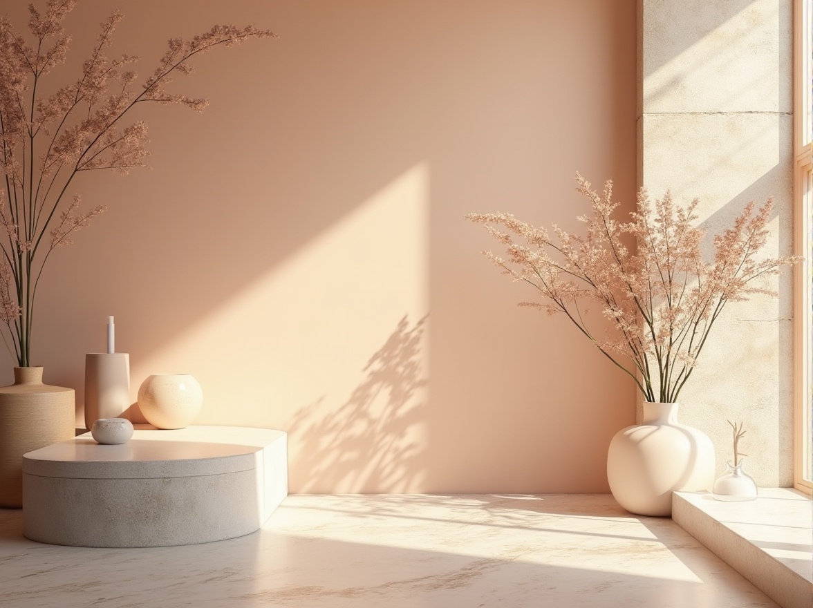 Prompt: Soft peach tones, creamy whites, warm beige accents, rich wood textures, natural stone backgrounds, earthy terracotta hues, calming blue undertones, gentle lavender highlights, subtle golden metallic sheens, elegant typography, refined minimalism, soothing ambiance, warm atmospheric lighting, shallow depth of field, 1/1 composition, realistic material reflections.