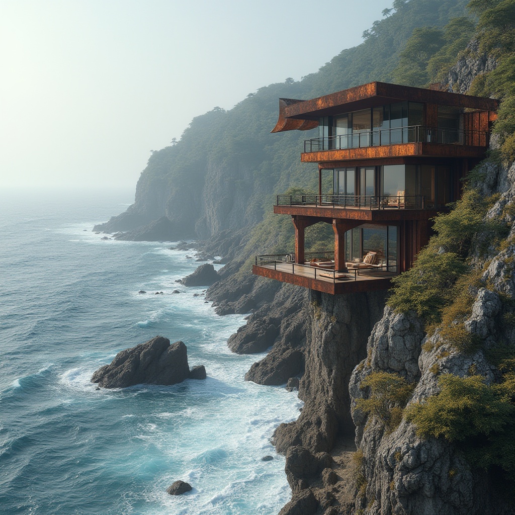 Prompt: Rugged coastline, crashing waves, salty sea air, weathered steel structures, oxidized metal surfaces, rust-colored accents, modern coastal architecture, minimalist design, cantilevered roofs, large glass windows, sliding doors, ocean-facing balconies, driftwood-inspired furniture, nautical-themed decor, soft natural lighting, misty morning atmosphere, shallow depth of field, 2/3 composition, realistic textures, ambient occlusion.