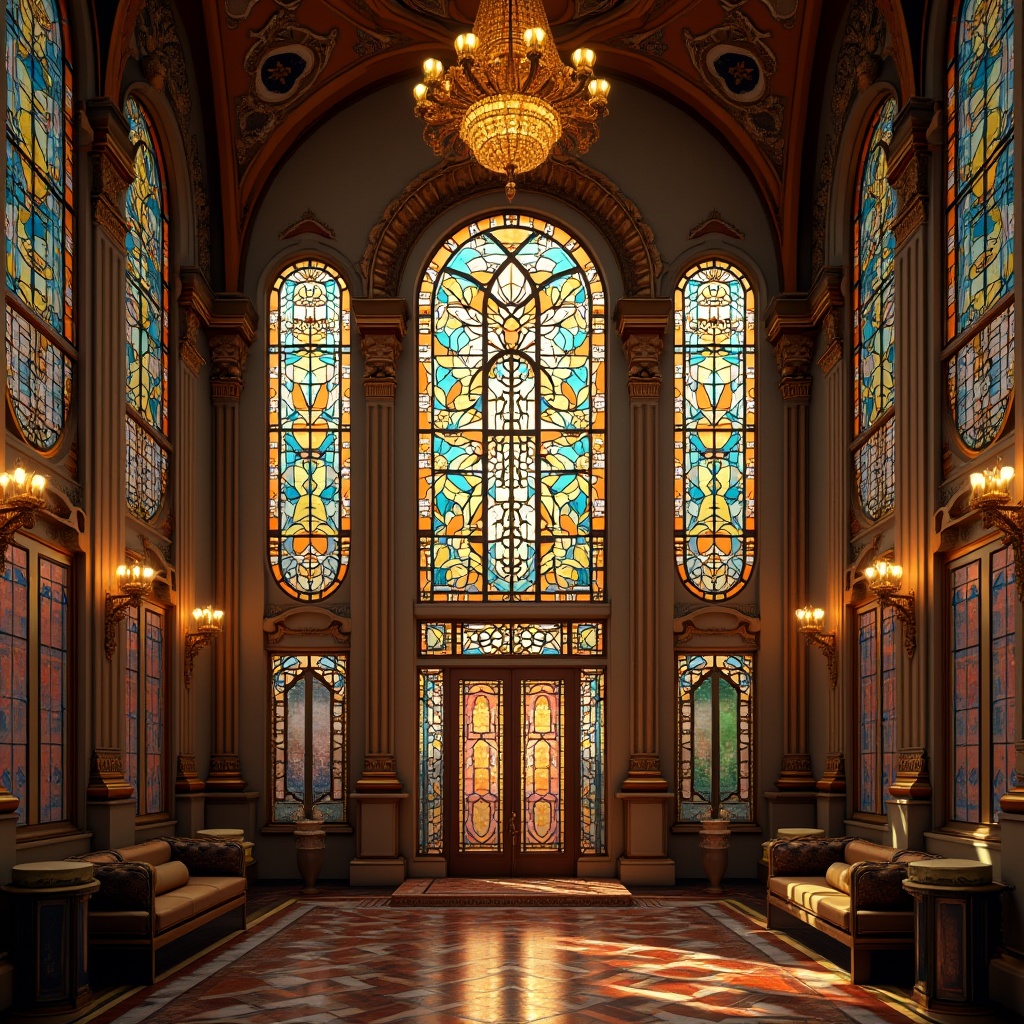 Prompt: Vibrant stained glass windows, art deco patterns, geometric shapes, bold colors, ornate metal frames, luxurious materials, opulent interiors, grand chandeliers, lavish decorations, intricate details, symmetrical compositions, warm golden lighting, soft focus, shallow depth of field, 1/1 composition, realistic textures, ambient occlusion.