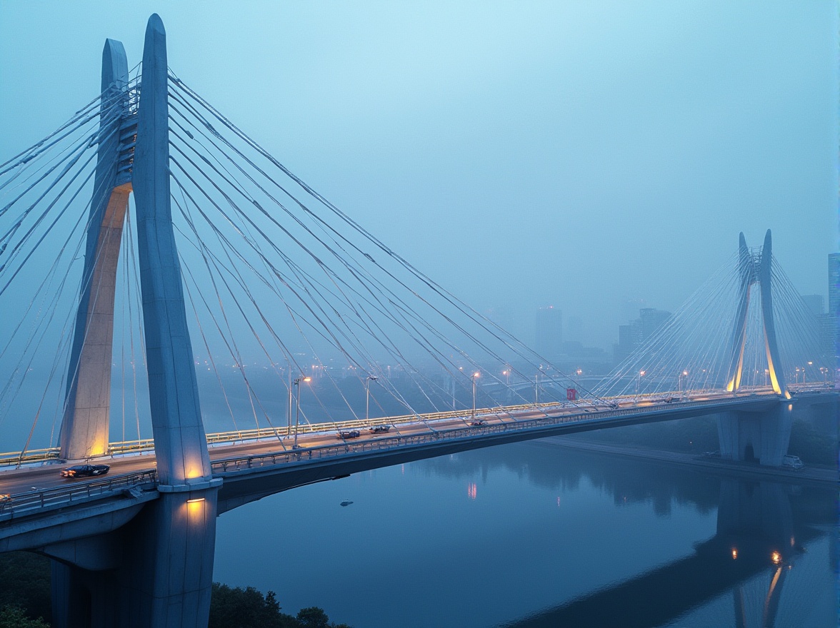 Prompt: Futuristic bridge design, sleek metal arches, suspension cables, LED lighting systems, gleaming steel beams, reinforced concrete pillars, cantilevered sections, dynamic curves, minimalist railings, glass floors, transparent walkways, urban cityscape, misty morning atmosphere, soft blue tone, high-contrast lighting, dramatic shadows, 1/2 composition, low-angle view, realistic reflections, ambient occlusion.