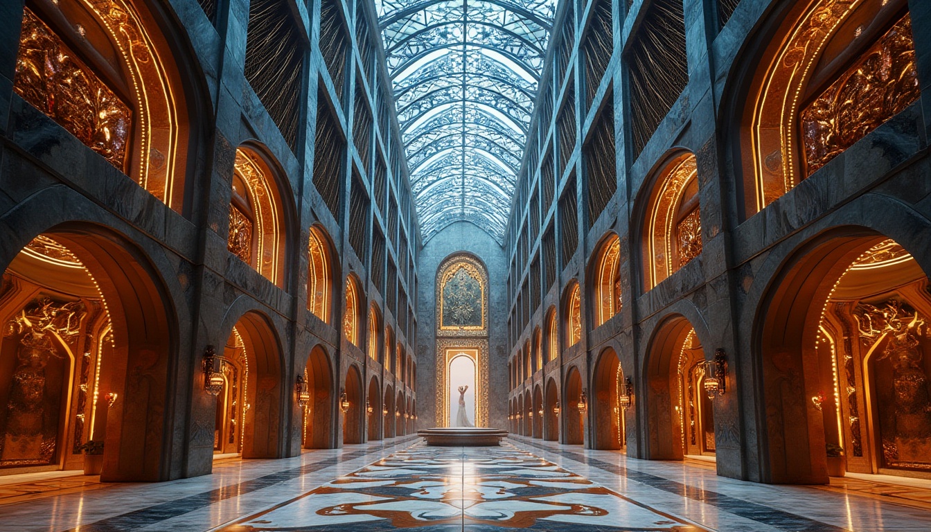 Prompt: Luxurious skyscraper, metallic latticework, ornate geometric patterns, opulent materials, vibrant chrome accents, zigzag motifs, chevron designs, sunburst patterns, stepped silhouettes, lavish ornamentation, grandiose entranceways, polished marble floors, intricate inlays, symmetrical compositions, luxurious textiles, rich jewel tones, dramatic lighting effects, low-angle photography, cinematic atmosphere, high-contrast rendering.