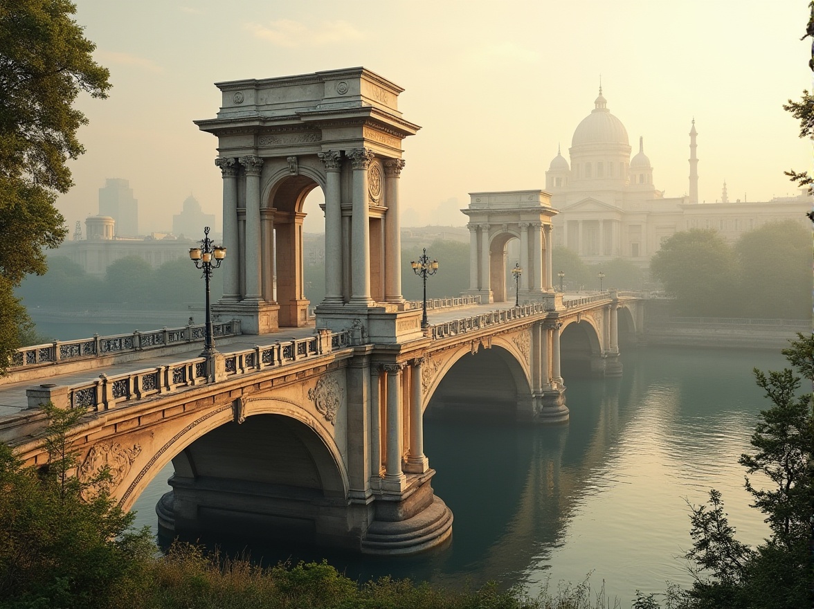 Prompt: Majestic bridge, Neoclassical arches, ornate stone carvings, grandiose columns, creamy white marble, warm beige limestone, soft golden lighting, misty morning atmosphere, serene river views, lush greenery, majestic urban skyline, intricate ironwork railings, ornamental lampposts, classicist architectural details, subtle weathered textures, high-contrast shadows, 1/2 composition, atmospheric perspective, cinematic color grading.