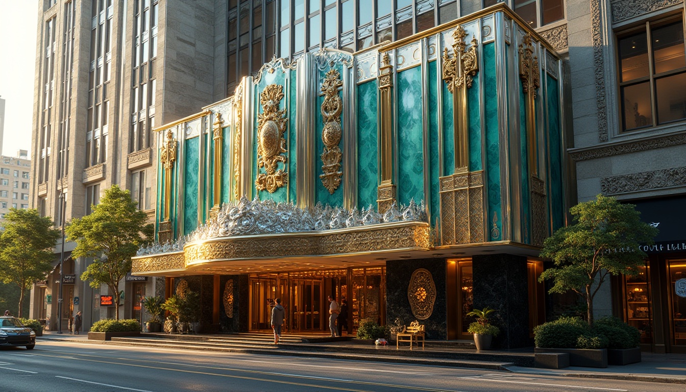 Prompt: Glamorous Art Deco building, luxurious metallic facade, geometric patterns, ornate decorations, lavish ornaments, vibrant turquoise accents, polished chrome details, glossy black granite base, symmetrical composition, shallow depth of field, 1/1 aspect ratio, warm golden lighting, dramatic shadows, intricate marble textures, opulent interior designs, lavish furnishings, ornate fixtures, sun-kissed day, urban cityscape, bustling streets.