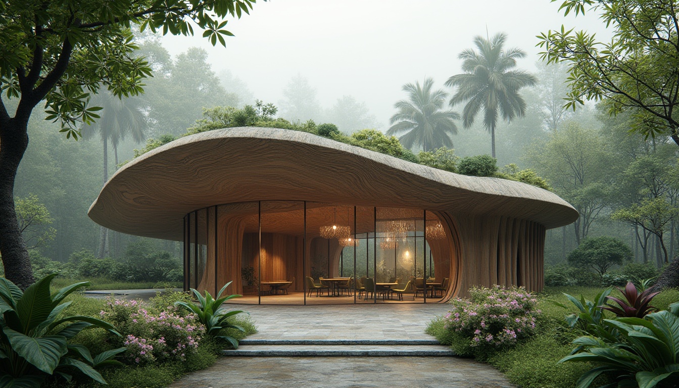 Prompt: Organic pavilion, undulating facade, curvaceous lines, biomimetic patterns, natural materials, wooden textures, earthy tones, lush greenery, tropical plants, misty atmosphere, soft diffused lighting, shallow depth of field, 1/1 composition, intimate scale, futuristic details, parametric design, algorithmic architecture, sustainable energy systems, rainwater harvesting, living roofs, adaptive shading devices, intricate structural networks, futuristic ambiance.