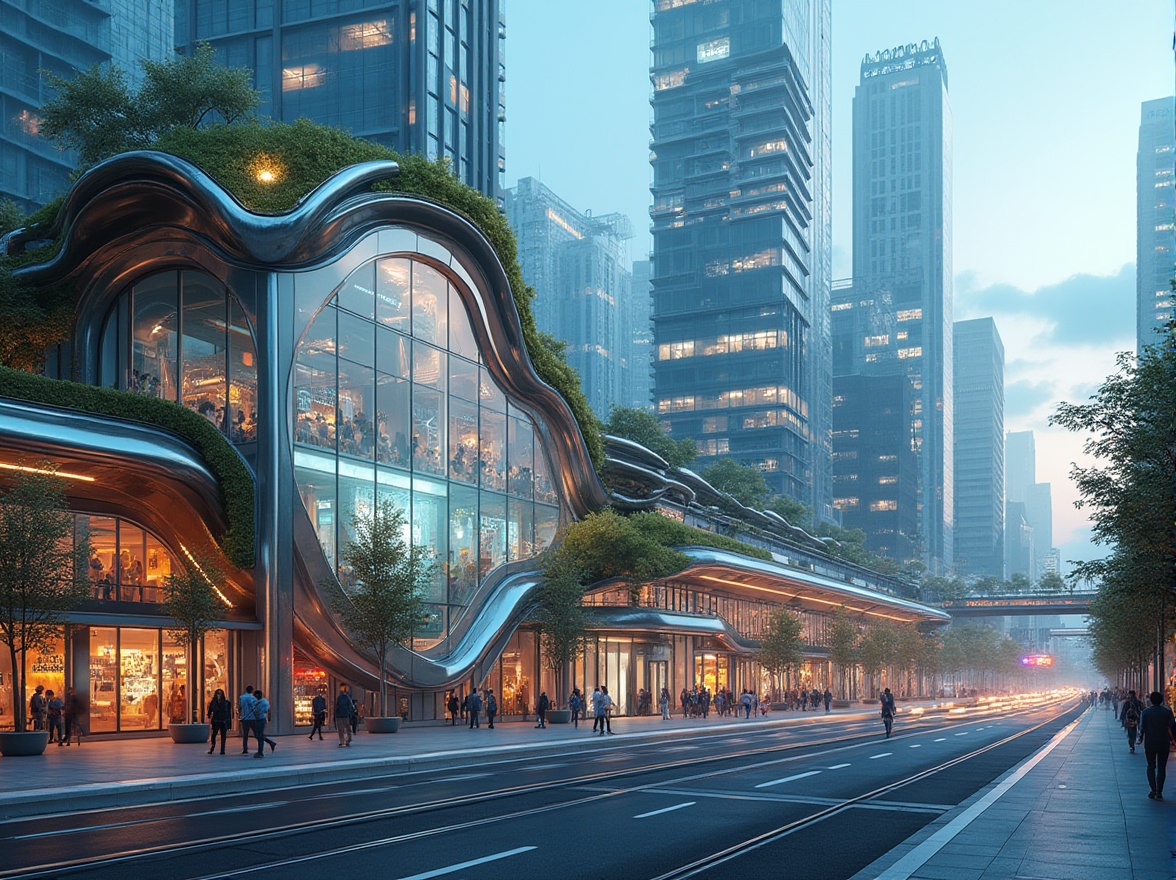 Prompt: Futuristic tram station, curved glass facade, dynamic LED lighting, metallic accents, sustainable energy harvesting systems, green roofs, urban cityscape, busy streets, modern architecture, angular lines, minimalist design, innovative materials, translucent canopies, cantilevered roofs, natural ventilation systems, public art installations, vibrant color schemes, 3/4 composition, shallow depth of field, panoramic view, realistic textures, ambient occlusion.