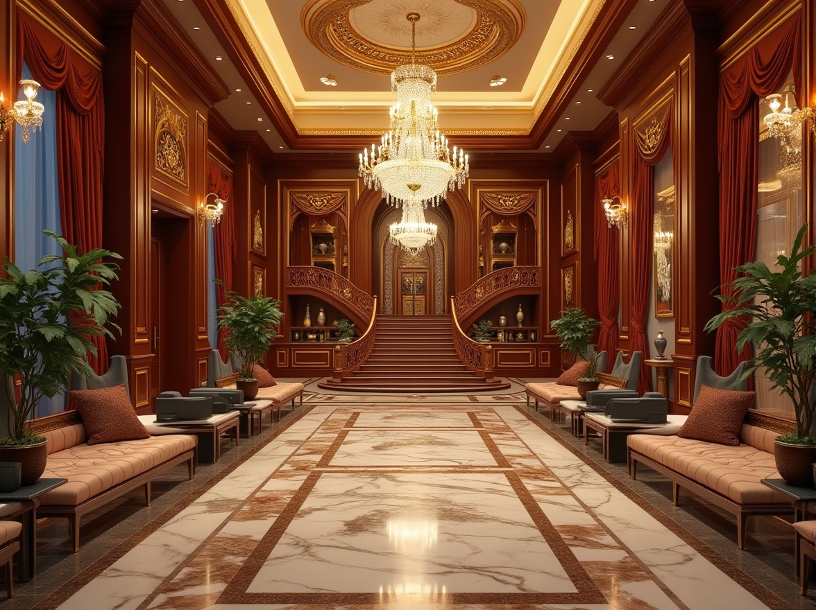 Prompt: Luxurious fitness club, ornate mirrors, crystal chandeliers, rich wood paneling, velvet drapes, grand staircases, opulent furnishings, gold accents, marble floors, intricate moldings, lavish color schemes, dramatic lighting, high ceilings, sprawling spaces, state-of-the-art equipment, free weights, cardio machines, strength training areas, yoga studios, spinning rooms, relaxation lounges, spa-inspired amenities, aromatherapy, herbal essences, calming water features, 3/4 composition, symmetrical balance, warm color palette, softbox lighting.