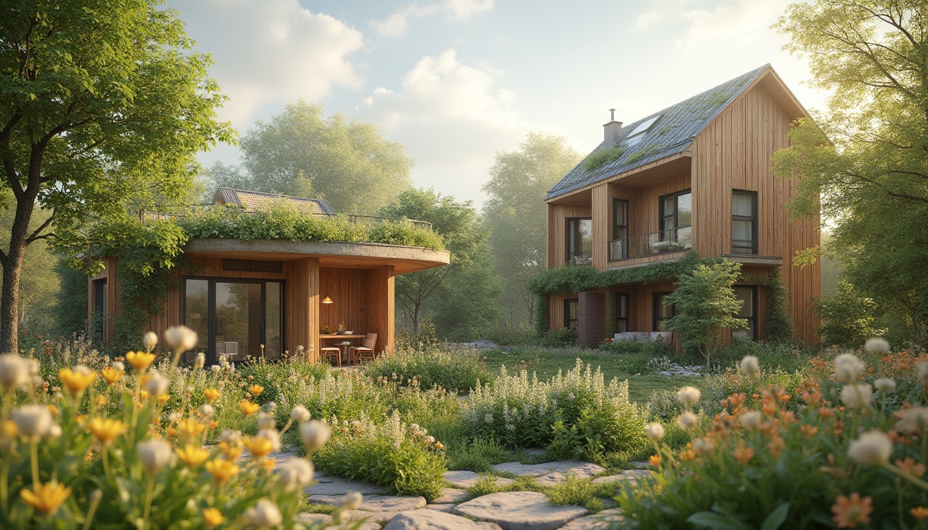 Prompt: Eco-friendly buildings, natural earth tones, soothing green walls, reclaimed wood accents, energy-efficient windows, solar panels, living roofs, rainwater harvesting systems, organic gardens, vibrant wildflowers, warm sunny day, soft gentle lighting, shallow depth of field, 1/1 composition, realistic textures, ambient occlusion.