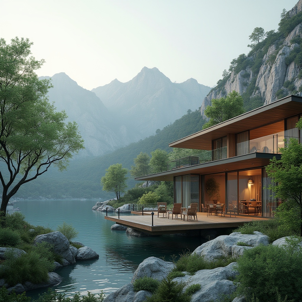 Prompt: Mountainous terrain, rolling hills, serene lakeside, lush greenery, natural stone walls, wooden decks, modern architecture, large windows, sliding glass doors, cantilevered roofs, minimalist design, eco-friendly materials, sustainable energy solutions, solar panels, wind turbines, water conservation systems, green roofs, innovative cooling technologies, shaded outdoor spaces, misting systems, organic curves, natural textures, warm ambient lighting, shallow depth of field, 3/4 composition, panoramic view, realistic rendering.