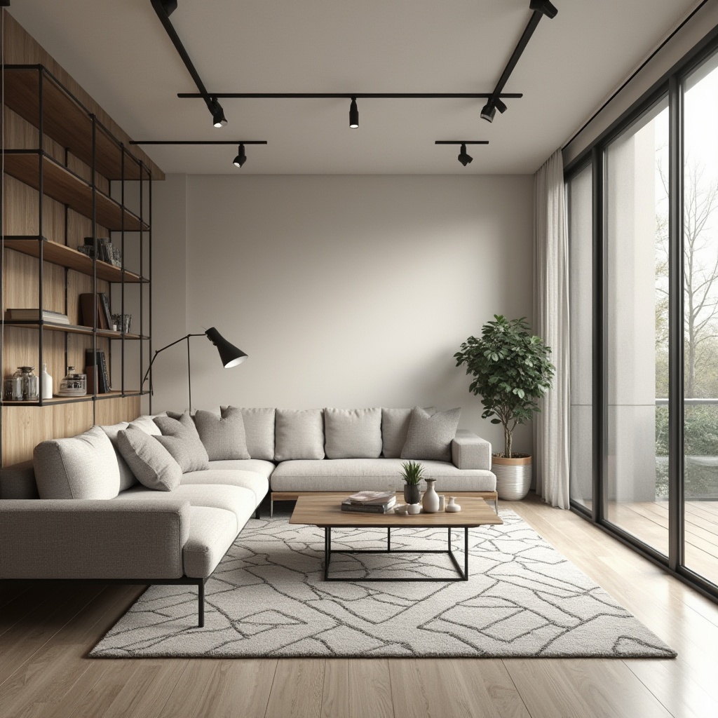 Prompt: Minimalist living room, sparse furniture, monochromatic color scheme, sleek low-profile sofa, minimalist coffee table, geometric-patterned rug, industrial-chic metal shelves, floor-to-ceiling windows, natural light pouring in, soft warm ambiance, shallow depth of field, 1/1 composition, panoramic view, realistic textures, ambient occlusion, modern track lighting, concealed storage systems, multi-functional furniture pieces, clutter-free atmosphere, calming neutral tones, organic materials, subtle textural contrasts.