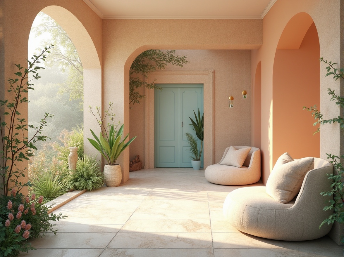 Prompt: Soft peach tones, creamy whites, warm beige accents, rich wood textures, natural stone surfaces, gentle pastel hues, calming blue undertones, vibrant greenery, blooming flowers, serene outdoor spaces, warm sunny day, soft warm lighting, shallow depth of field, 3/4 composition, panoramic view, realistic textures, ambient occlusion.