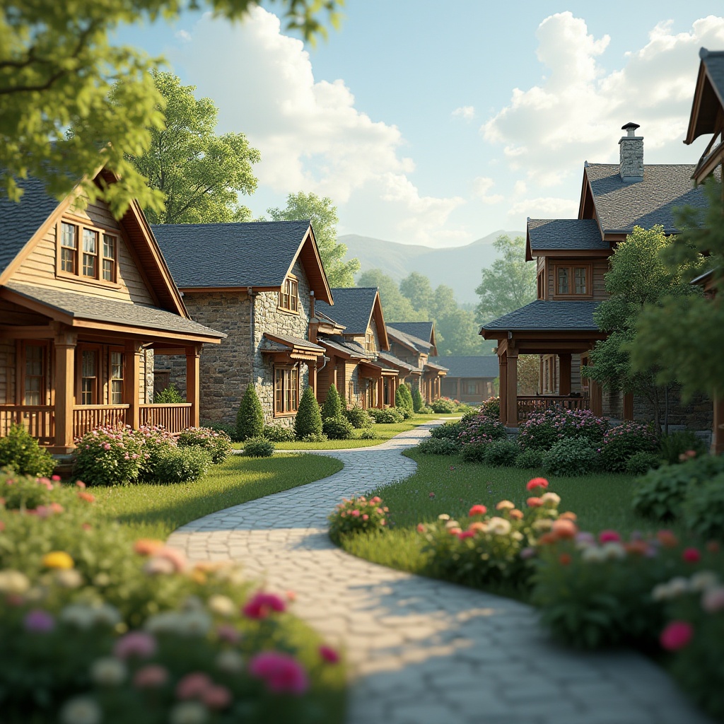 Prompt: Suburban homes, harmonious integration, lush greenery, natural stone fa\u00e7ades, wooden accents, pitched roofs, dormer windows, cozy porches, winding pathways, blooming gardens, vibrant flowerbeds, tranquil atmosphere, soft warm lighting, shallow depth of field, 3/4 composition, panoramic view, realistic textures, ambient occlusion.