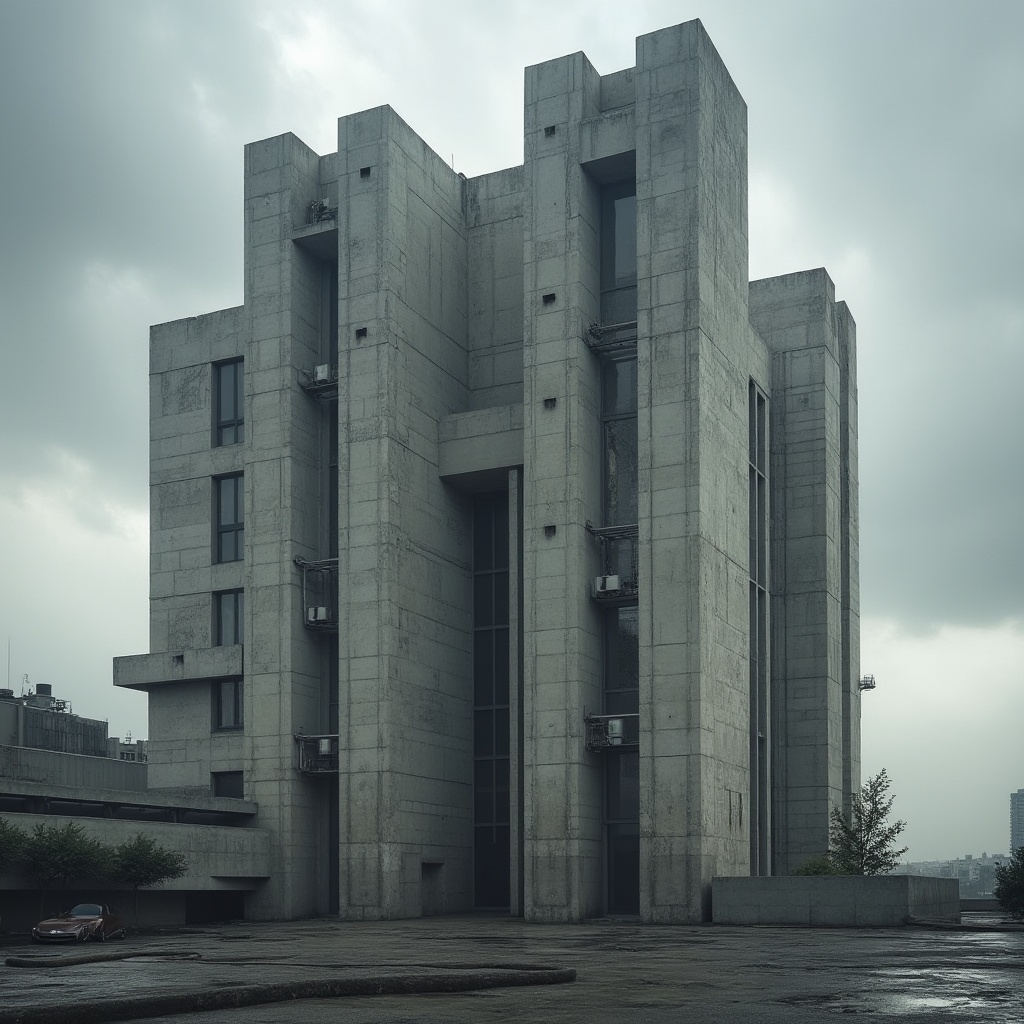 Prompt: Monumental constructivist building, brutalist concrete fa\u00e7ade, geometric abstract patterns, asymmetrical composition, fragmented forms, industrial metal accents, exposed ductwork, functional minimalism, urban cityscape background, cloudy grey skies, dramatic high-contrast lighting, deep depth of field, 2/3 composition, cinematic atmosphere, realistic weathering effects.