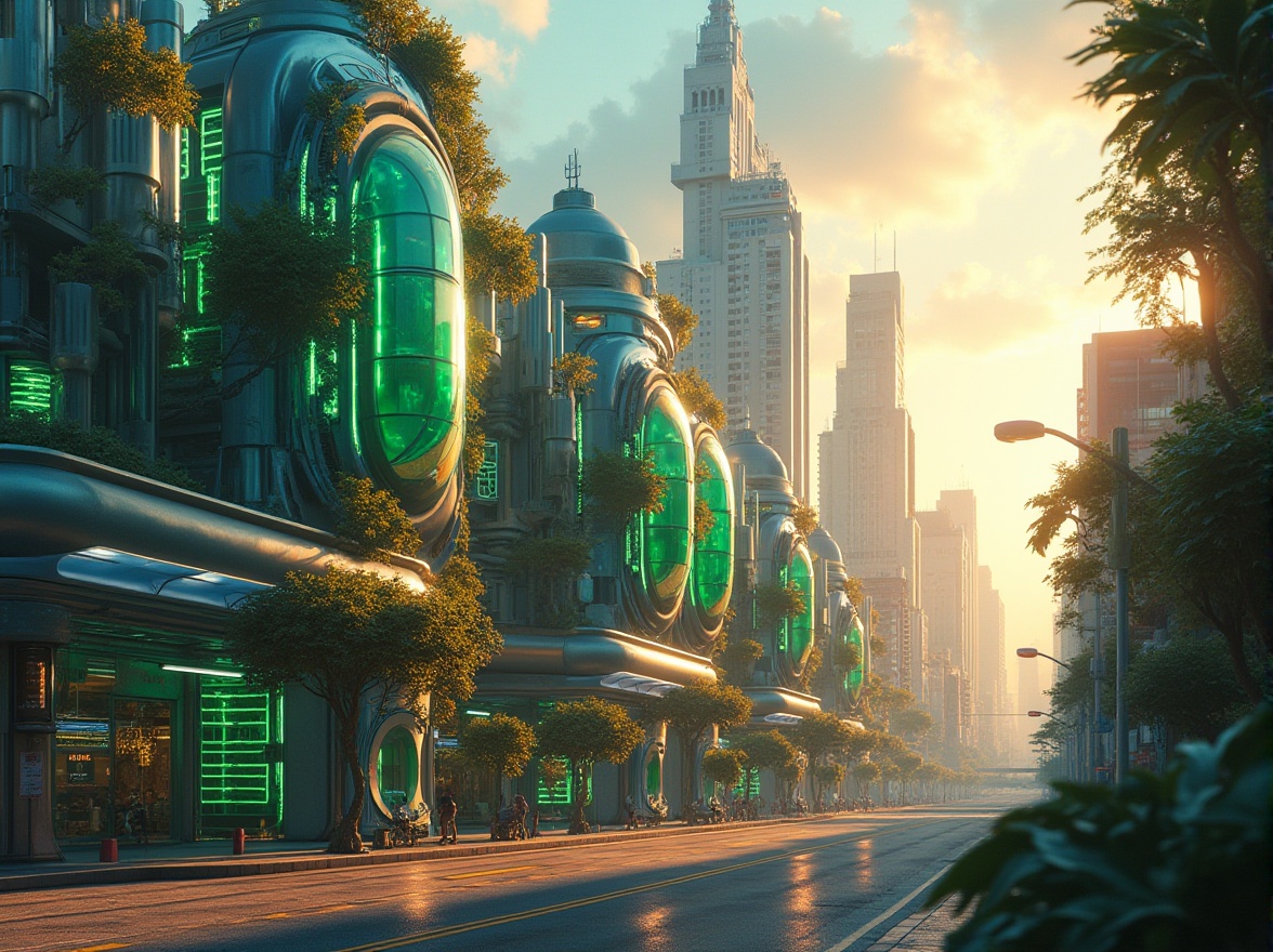 Prompt: Vibrant metabolism-inspired buildings, bold biological forms, neon green accents, electric blue undertones, warm golden lighting, sleek metallic surfaces, futuristic glass fa\u00e7ades, dynamic curved lines, modular structures, energetic urban landscapes, bustling city streets, morning sunlight, soft focus blur, 3/4 composition, high-contrast colors, realistic reflections, ambient occlusion.