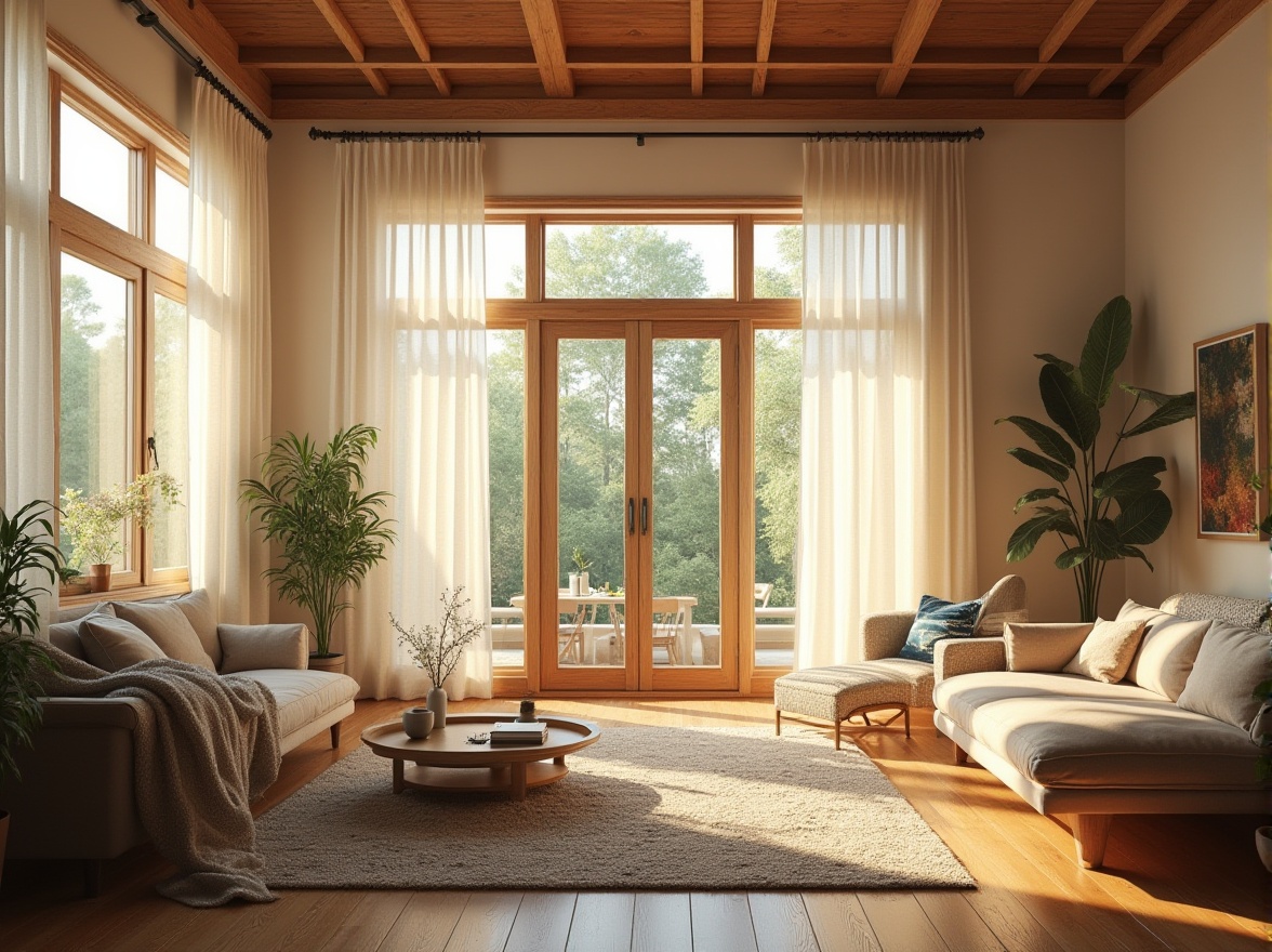 Prompt: Cozy living room, large windows, soft warm lighting, gentle sunlight, sheer curtains, minimal shading, bright interior, airy atmosphere, comfortable seating, natural textiles, wooden accents, earthy tones, organic shapes, blooming plants, subtle shadows, ambient occlusion, 1/1 composition, realistic rendering.