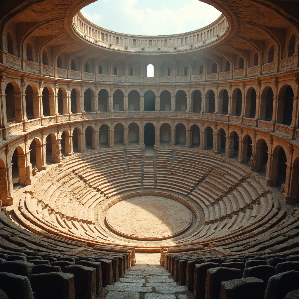 Prompt: Ancient Roman amphitheater, elliptical arena, tiered seating, arches, columns, ornate capitals, rusticated stone walls, grand entrance gates, vaulted corridors, barrel-vaulted ceilings, fresco-adorned interior, sunken arena floor, central performance area, raised stage, dramatic lighting, warm afternoon sunlight, 1/2 composition, shallow depth of field, cinematic atmosphere.