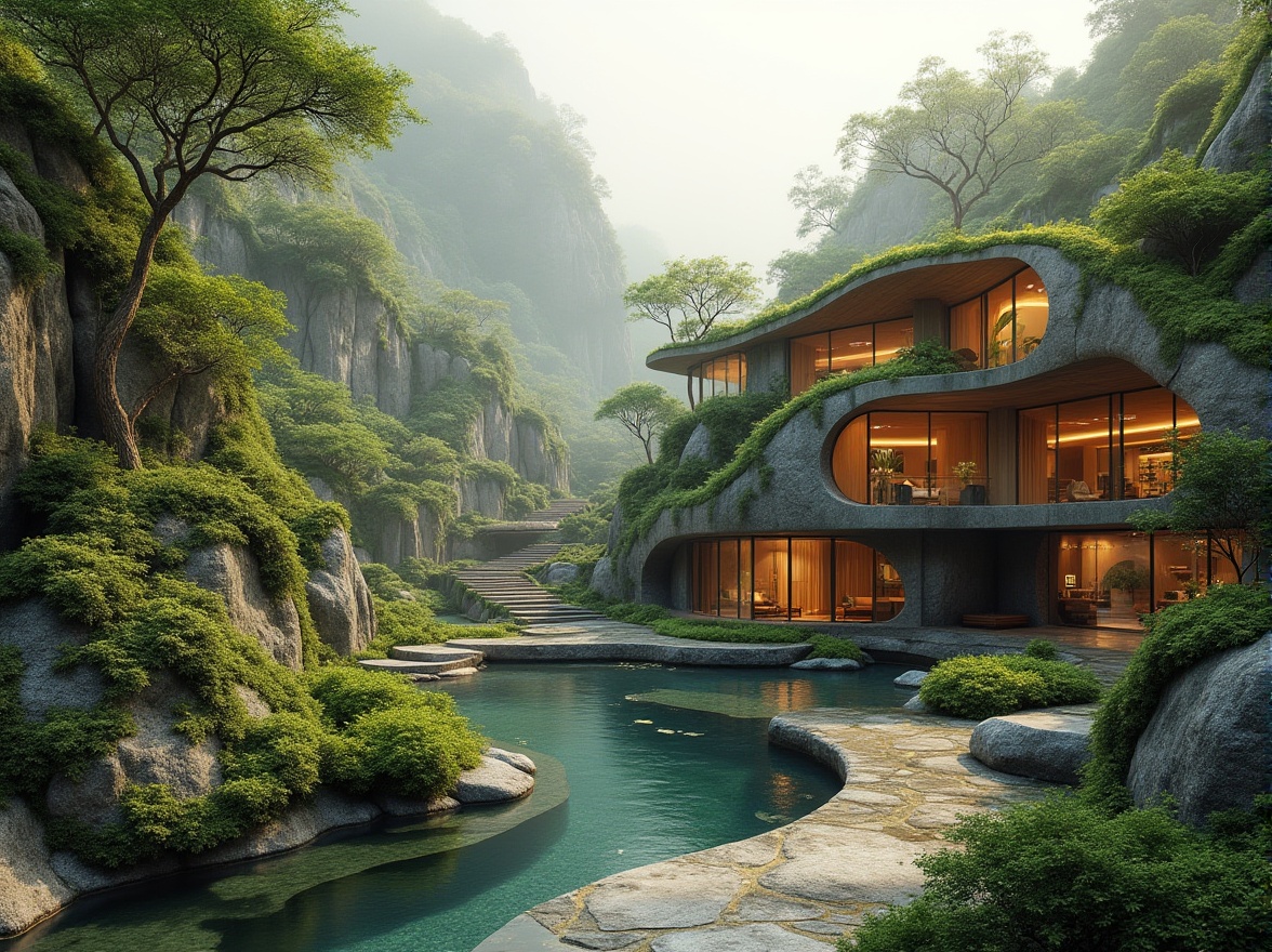 Prompt: Seamless landscape integration, organic architecture, curved lines, natural stone walls, green roofs, lush vegetation, tranquil water features, meandering pathways, weathered wood accents, earthy color palette, soft warm lighting, ambient occlusion, shallow depth of field, 3/4 composition, panoramic view, realistic textures, misty atmosphere, serene ambiance, eco-friendly materials, sustainable design solutions.