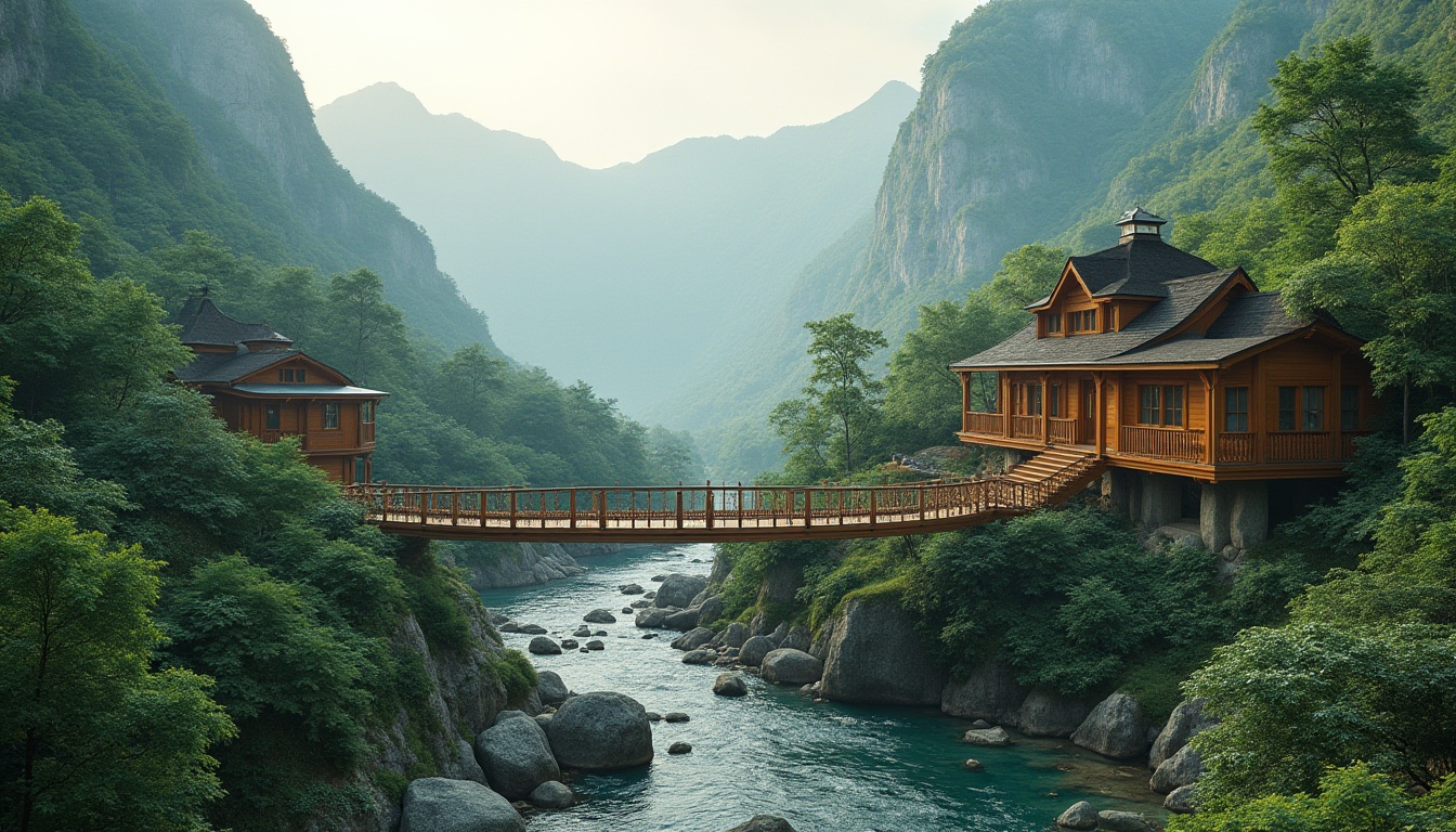 Prompt: Serene mountainous backdrop, lush green forests, meandering rivers, rustic wooden bridges, harmonious architecture integration, natural stone walls, curved lines, earthy tones, blending built structures, organic forms, sustainable design, eco-friendly materials, abundant vegetation, misty atmosphere, warm soft lighting, shallow depth of field, 1/2 composition, panoramic view, realistic textures, ambient occlusion.