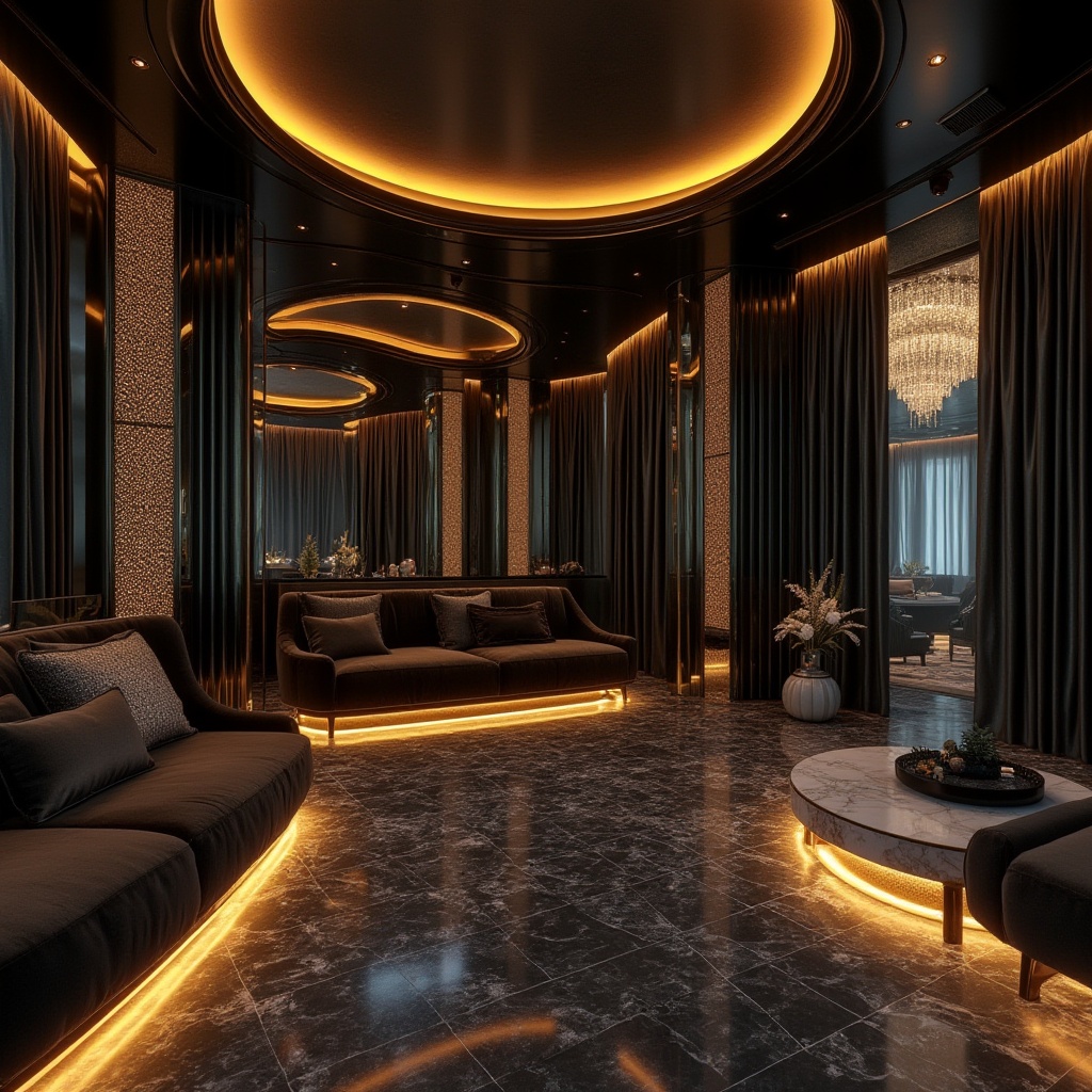 Prompt: Luxurious Art Deco interior, polished chrome accents, velvety soft furnishings, rich wooden paneling, marble flooring, metallic mesh curtains, ornate geometric patterns, bold black and gold color scheme, glamorous crystal chandeliers, sophisticated ambient lighting, shallow depth of field, 1/1 composition, detailed realistic textures, subtle gradient effects.