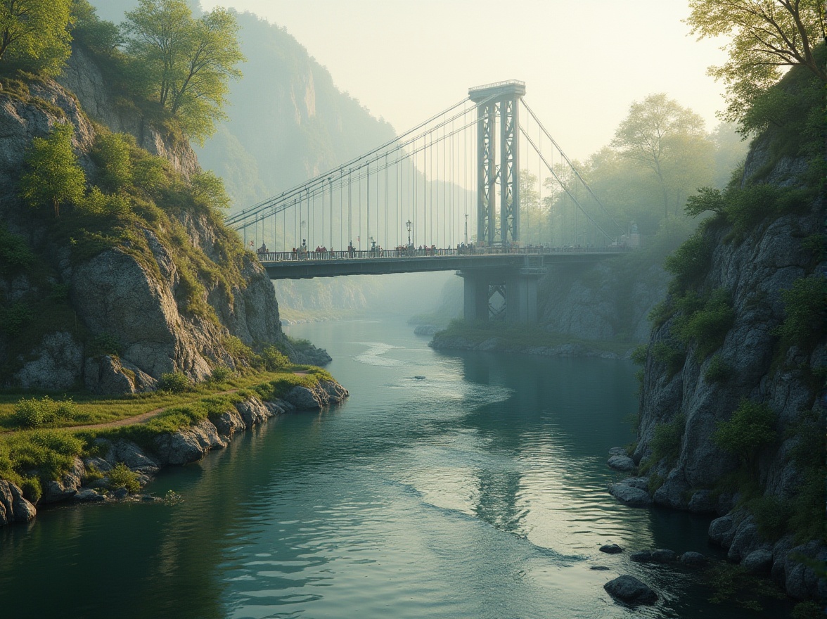 Prompt: Riverbank setting, lush vegetation, natural stone walls, steel bridge structure, modern architectural design, curved lines, suspension cables, pedestrian walkways, scenic viewpoints, gentle water flow, misty morning atmosphere, soft warm lighting, shallow depth of field, 3/4 composition, panoramic view, realistic textures, ambient occlusion.