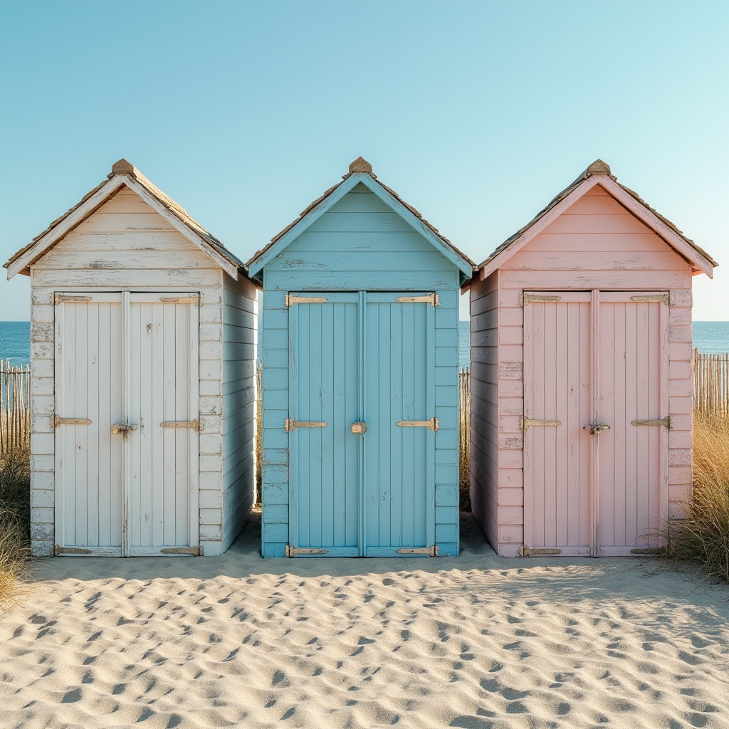 Prompt: Coastal beach huts, weathered wood textures, ocean-inspired blues, calming whites, sandy neutrals, coral pinks, seashell creams, driftwood grays, tropical greens, warm sunny lighting, soft focus, 3/4 composition, natural atmosphere, realistic reflections, subtle wave patterns.