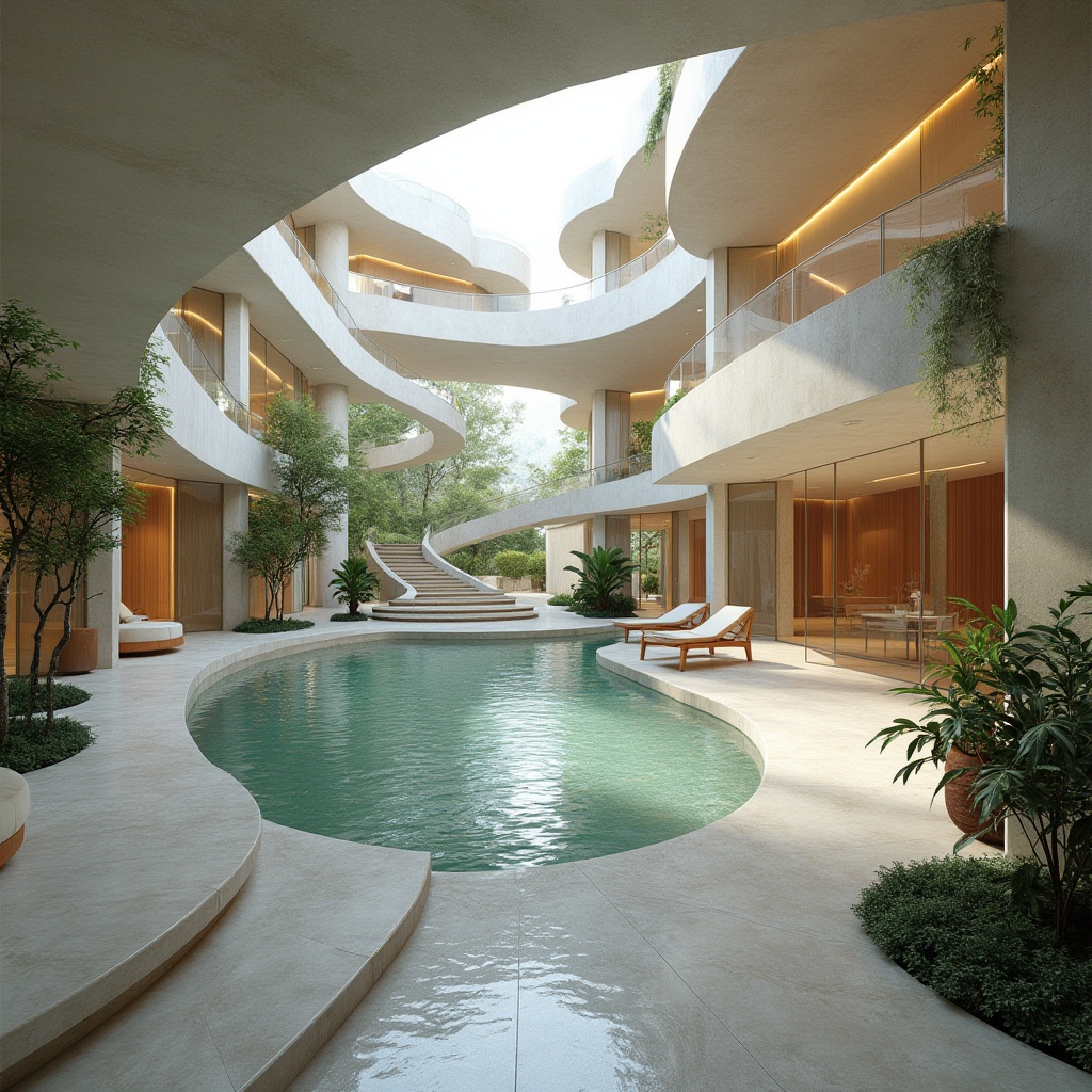 Prompt: Curved corridors, open floor plans, transparent glass walls, minimalist decor, natural stone flooring, subtle color schemes, soft diffused lighting, flowing water features, lush greenery, cantilevered staircases, suspended ceilings, airy atriums, panoramic views, blurred boundaries, seamless transitions, 3/4 composition, wide-angle lenses, cinematic rendering, realistic reflections, ambient occlusion.