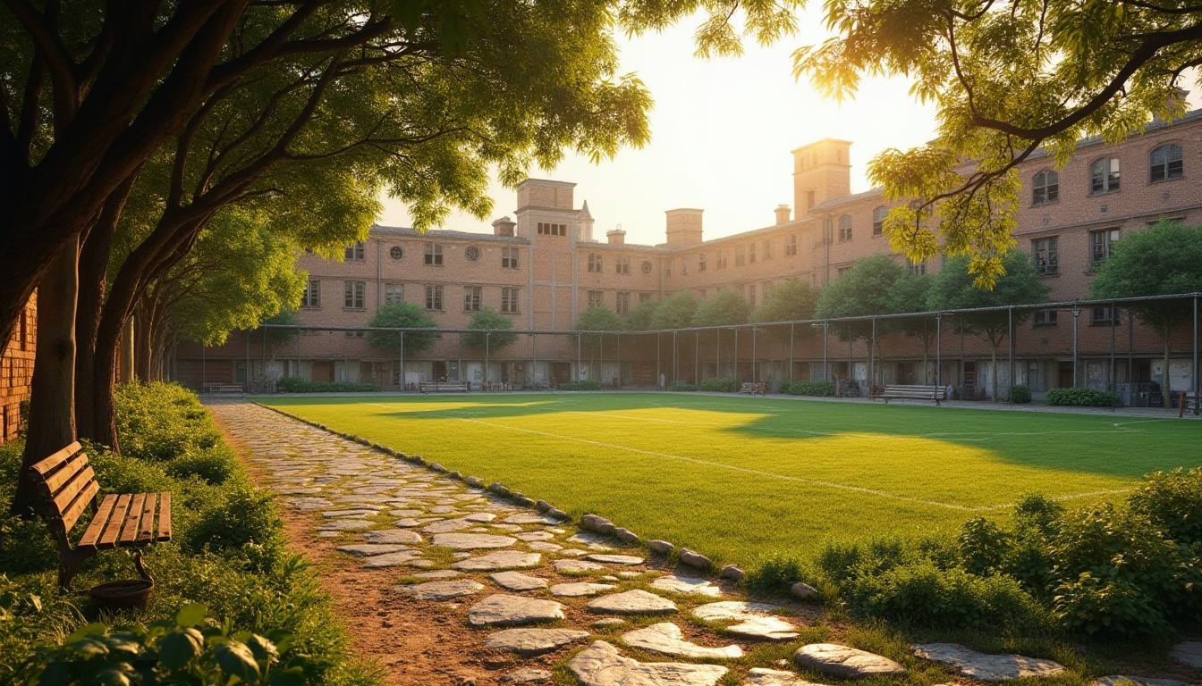 Prompt: Rustic sports field, natural grass terrain, worn stone pathways, ancient tree shades, wooden benches, vintage metal fences, distressed brick walls, earthy tone buildings, medieval-inspired architecture, warm afternoon sunlight, soft golden lighting, shallow depth of field, 2/3 composition, realistic textures, ambient occlusion.