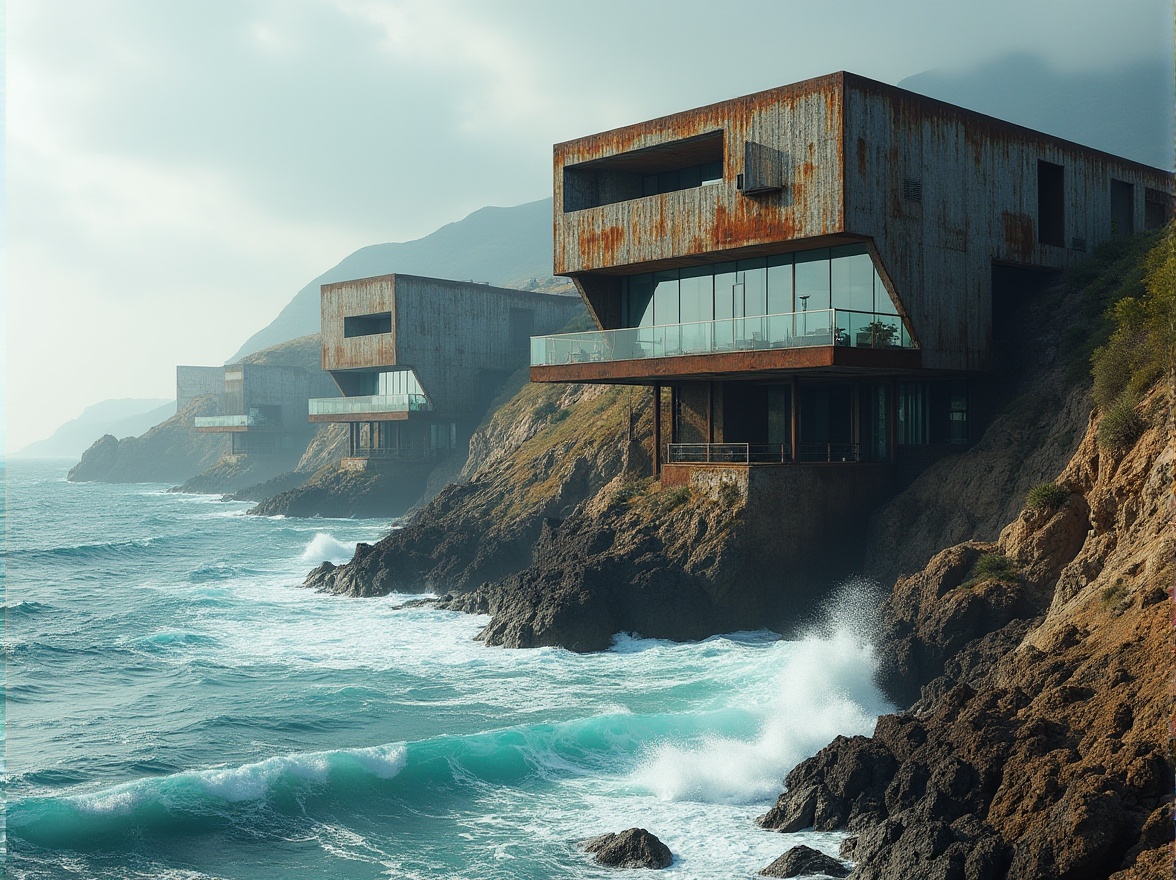 Prompt: Rugged coastline, crashing waves, salty air, weathered steel structures, industrial aesthetic, rusted metal textures, brutalist architecture, dramatic cantilevered roofs, large glass windows, minimalist interior design, polished concrete floors, reclaimed wood accents, natural ventilation systems, wind-resistant buildings, wave-inspired facades, metallic latticework, ocean-breeze ventilation, 1/2 composition, cinematic lighting, realistic reflections.