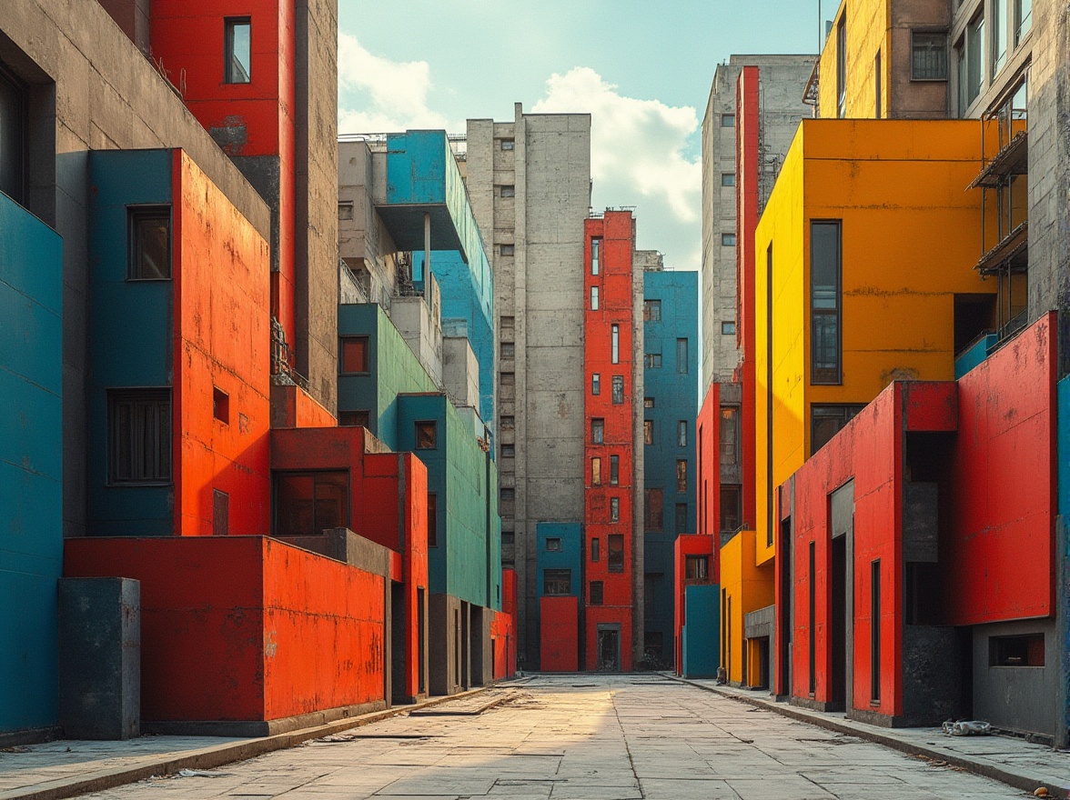 Prompt: Vibrant constructivist architecture, bold geometric shapes, dynamic urban landscape, abstract art-inspired fa\u00e7ades, bright primary colors, stark contrasts, metallic materials, industrial textures, brutalist elements, monumental scales, abstract sculptures, modernist influences, avant-garde aesthetics, futuristic ambiance, dramatic shadows, high-contrast lighting, 1/1 composition, ultra-wide-angle lens, cinematic mood, gritty realistic rendering.