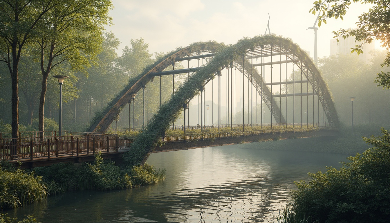 Prompt: Eco-friendly bridge structure, curved steel arches, weathered wooden decking, lush greenery, suspended pedestrian walkways, energy-harvesting wind turbines, solar-powered lighting systems, rainwater collection systems, recycled metal materials, low-carbon concrete, minimal environmental footprint, serene riverbank setting, misty morning atmosphere, soft warm lighting, shallow depth of field, 1/1 composition, realistic textures, ambient occlusion.