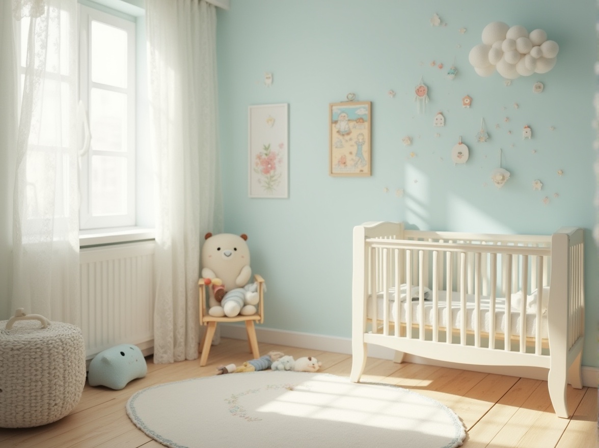 Prompt: Calm nursery atmosphere, soft baby blue walls, creamy white furniture, delicate lace curtains, warm wooden cribs, plush toys, gentle natural light, subtle texture overlays, shallow depth of field, 1/2 composition, intimate close-up shots, pastel color scheme, whimsical illustrations, dreamy ambient occlusion.