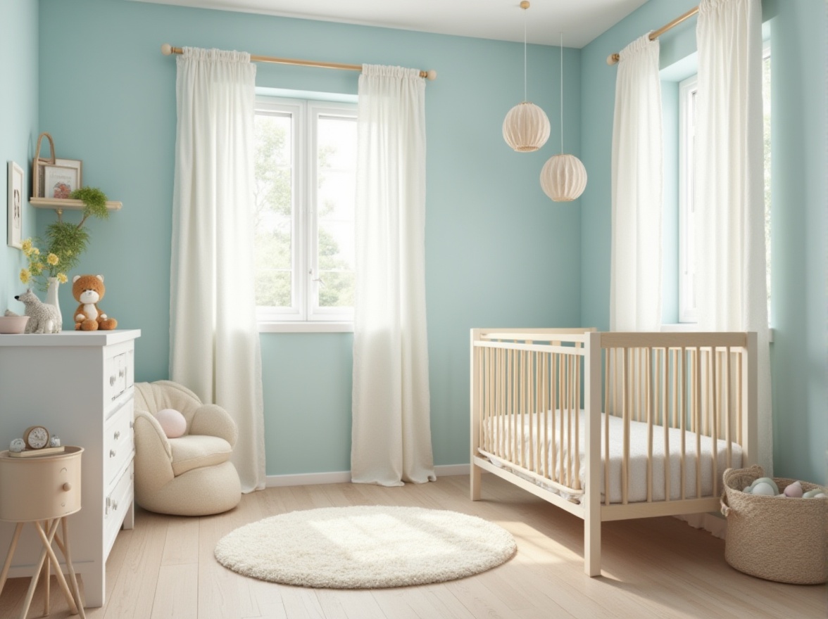 Prompt: \Calm nursery, baby blue walls, soft white furniture, gentle cream accents, delicate lace curtains, pastel-colored toys, plush area rugs, natural wood crib, minimalist decor, warm cozy lighting, shallow depth of field, 1/1 composition, intimate atmosphere, realistic textures, subtle ambient occlusion.\