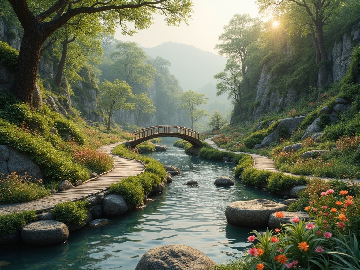 Prompt: Seamless landscape integration, organic curves, natural stone walls, lush greenery, native plants, wildflowers, meandering pathways, wooden bridges, serene water features, gentle streams, rustic benches, earthy tones, muted color palette, soft warm lighting, shallow depth of field, 3/4 composition, panoramic view, realistic textures, ambient occlusion.