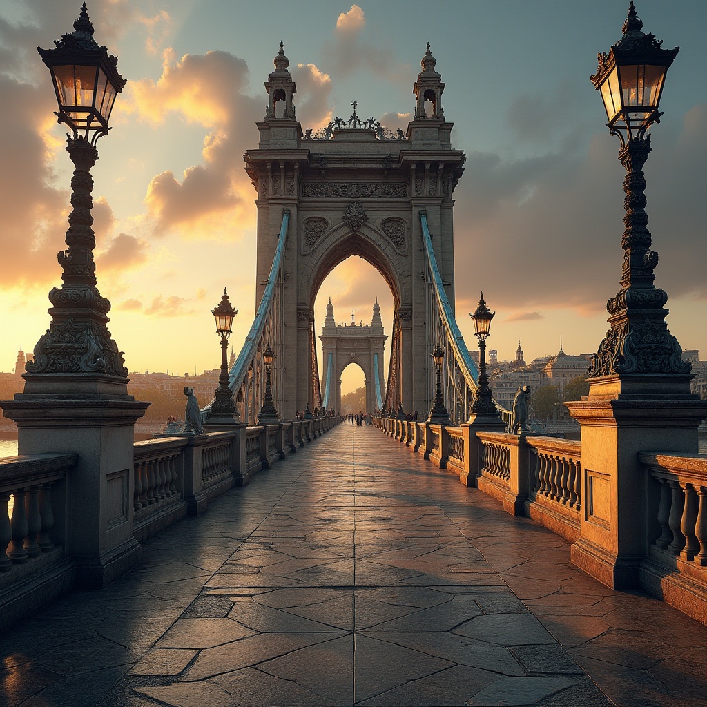 Prompt: Grandiose bridge structure, ornate stone carvings, classical arches, rusticated columns, ornamental balustrades, intricate metalwork, neoclassical lamp posts, elegant street furniture, refined granite pavement, majestic river views, serene sunset lighting, warm golden tones, high-contrast shadows, 1/2 composition, dramatic perspective, realistic reflections, subtle ambient occlusion.