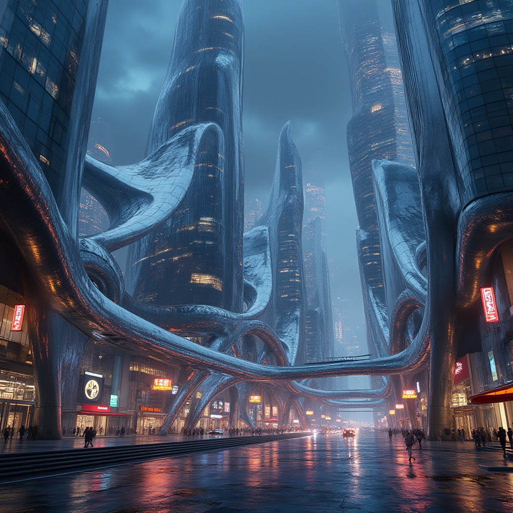 Prompt: Curved futuristic buildings, sweeping arches, dynamic cantilevers, parametric design, complex geometries, reflective metallic surfaces, iridescent glass facades, neon lights, urban cityscape, bustling streets, vibrant nightlife, fast-paced atmosphere, shallow depth of field, 1/1 composition, cinematic lighting, realistic reflections, ambient occlusion.