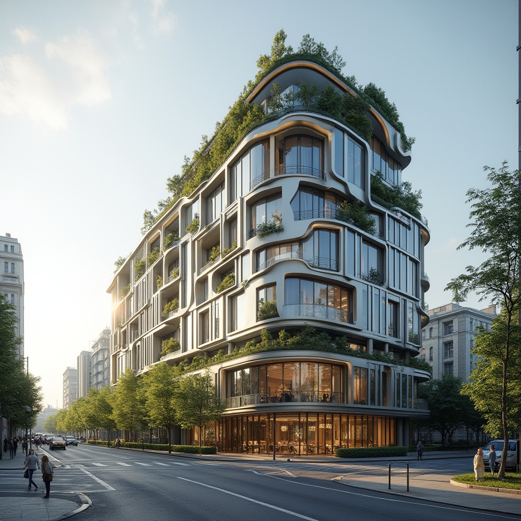 Prompt: Contemporary building facade, curved lines, minimalist approach, sleek metal frames, double-glazed windows, energy-efficient systems, solar panels, green walls, living roofs, urban context, bustling city street, morning sunlight, soft warm glow, shallow depth of field, 3/4 composition, panoramic view, realistic textures, ambient occlusion.