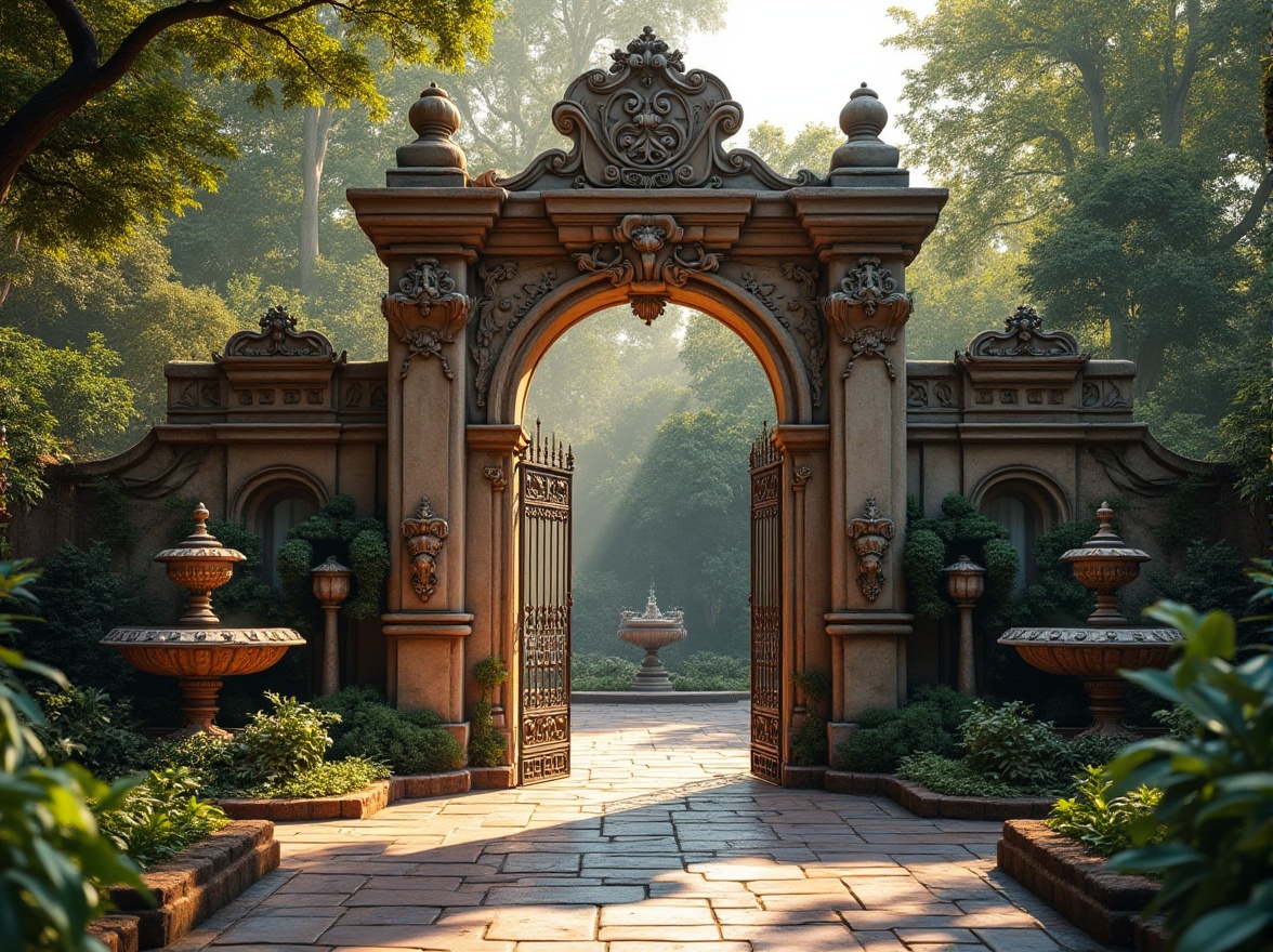 Prompt: Richly ornamented zoo entrance, intricately carved stone walls, rusty metal gates, vintage lanterns, lush greenery, exotic plants, natural stone pathways, ornate fountains, grandiose archways, classical statues, intricate moldings, warm golden lighting, shallow depth of field, 1/1 composition, realistic textures, ambient occlusion.