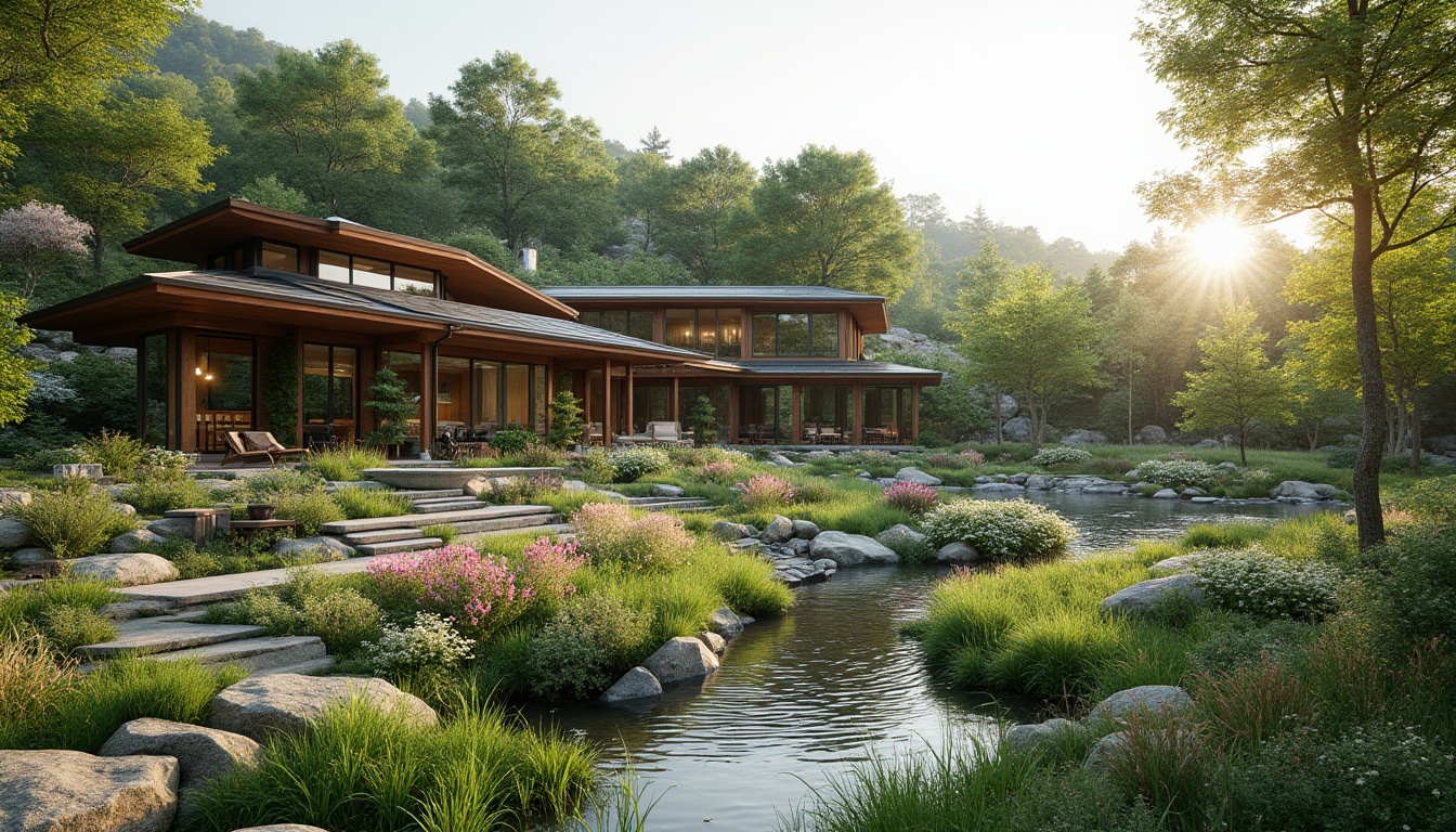 Prompt: Harmonious landscape integration, blending modern architecture with natural surroundings, lush greenery, vibrant flowers, serene water features, meandering pathways, native plant species, rustic stone walls, wooden accents, earthy tones, organic forms, seamless transitions, gentle slopes, minimalist design, sustainable building materials, energy-efficient systems, solar panels, rainwater harvesting, eco-friendly roofing, innovative irrigation systems, panoramic views, soft warm lighting, shallow depth of field, 3/4 composition, realistic textures, ambient occlusion.