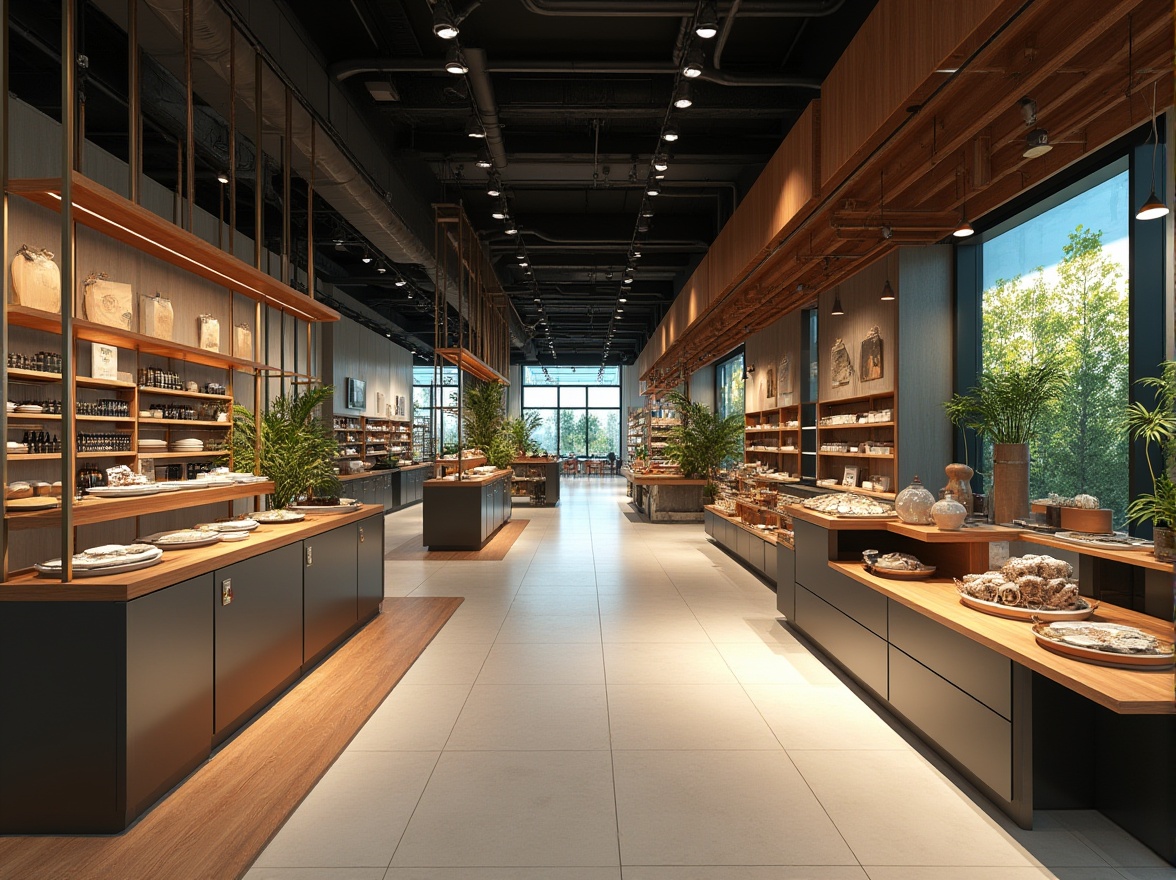 Prompt: Modern retail interior, sleek metal shelves, wooden accents, polished floors, minimalist decor, open floor plan, customer circulation path, efficient product placement, clear signage, ample natural light, soft warm illumination, 1/1 composition, shallow depth of field, subtle color scheme, inviting atmosphere, comfortable seating areas, decorative green walls, LED display screens.