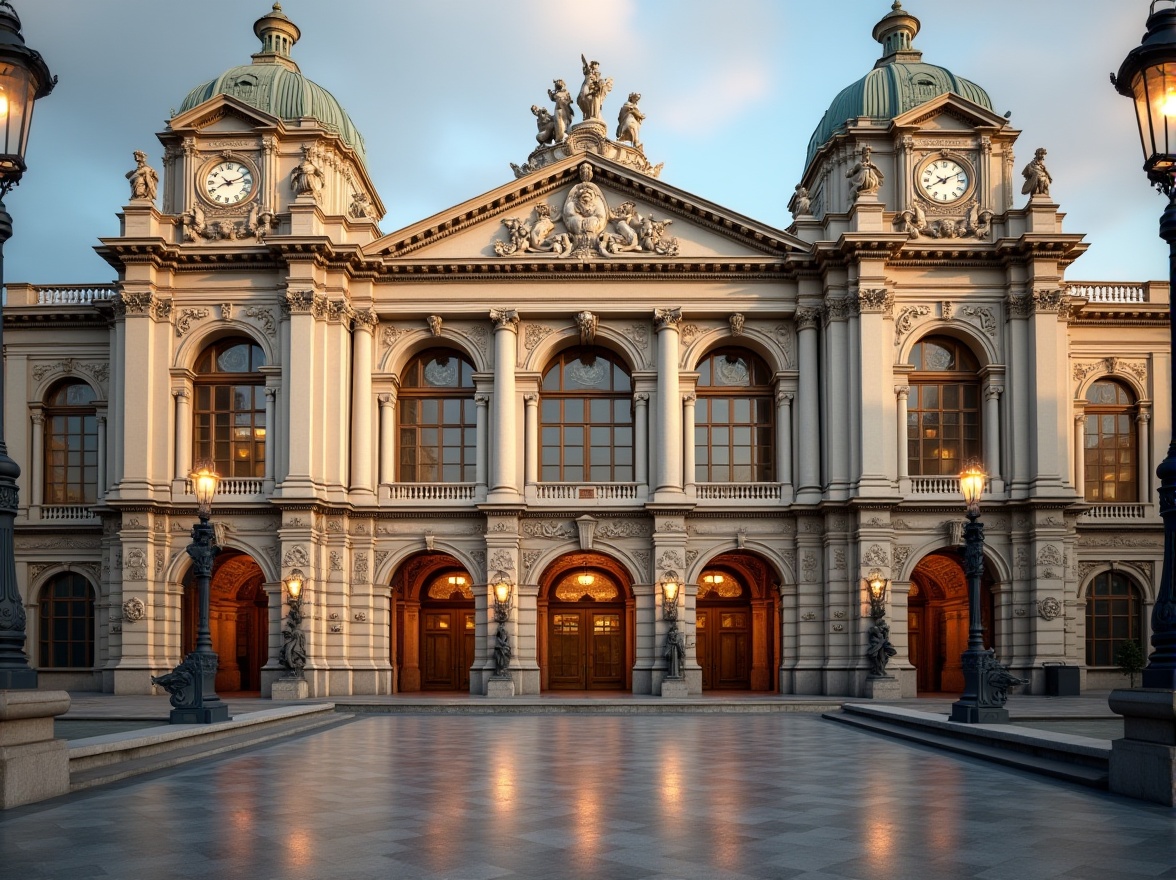 Prompt: Grandiose transportation hub, neoclassical facade design, ornate columns, intricately carved details, symmetrical architecture, grand entrance arches, imposing clock towers, elegant stone statues, refined metalwork, vintage street lamps, richly textured stonework, subtle color palette, warm golden lighting, shallow depth of field, 1/2 composition, dramatic perspective, realistic reflections, ambient occlusion.