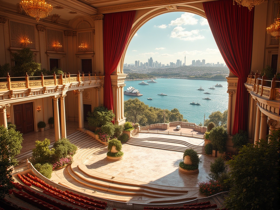 Prompt: Grand opera house, majestic architecture, sweeping curves, marble columns, ornate details, lavish chandeliers, red velvet curtains, golden accents, grand staircase, spacious lobby, natural light pouring in, floor-to-ceiling windows, panoramic city views, Sydney Harbour backdrop, sailboat-dotted waters, lush greenery, vibrant flowers, outdoor amphitheater, stepped seating, water features, dramatic lighting, shallow depth of field, 1/2 composition, symmetrical framing, realistic textures, ambient occlusion.