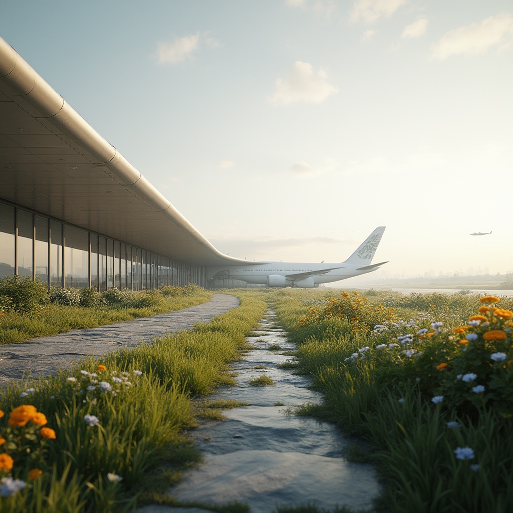 Prompt: Aerodynamic airport terminal, sleek modern architecture, large glass facades, minimalist landscaping, lush green grass, vibrant wildflowers, rustic stone pathways, urban forestry, native plant species, subtle outdoor lighting, shallow depth of field, 1/1 composition, realistic textures, ambient occlusion, morning mist, soft warm sunlight, distant airplane sounds.