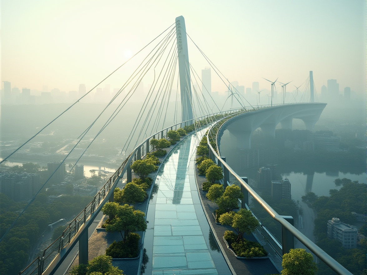 Prompt: Eco-friendly bridge structure, curved lines, minimal environmental impact, green infrastructure, recycled materials, solar panels, wind turbines, kinetic energy harvesting, futuristic architecture, sleek metal railings, transparent glass floors, panoramic city views, misty morning atmosphere, soft natural lighting, 1/1 composition, shallow depth of field, realistic textures, ambient occlusion.