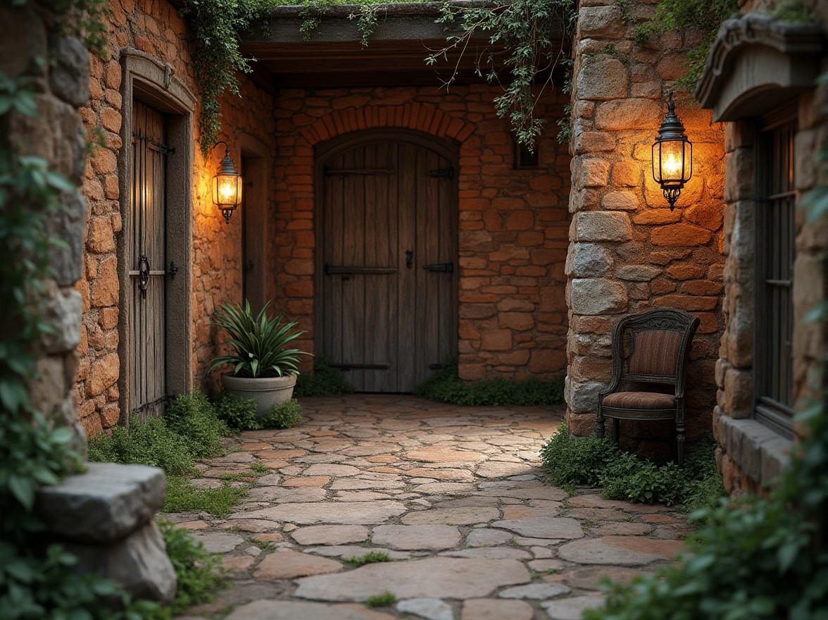 Prompt: Rustic stone walls, distressed wooden planks, vintage brick facades, earthy color palette, natural materials, organic textures, worn edges, rough-hewn surfaces, ambient lighting, warm color tones, cozy atmosphere, traditional architectural style, ornate decorative elements, richly detailed patterns, aged finishes, moss-covered stones, ivy-clad walls, nature-inspired design, serene ambiance, soft focus, shallow depth of field.